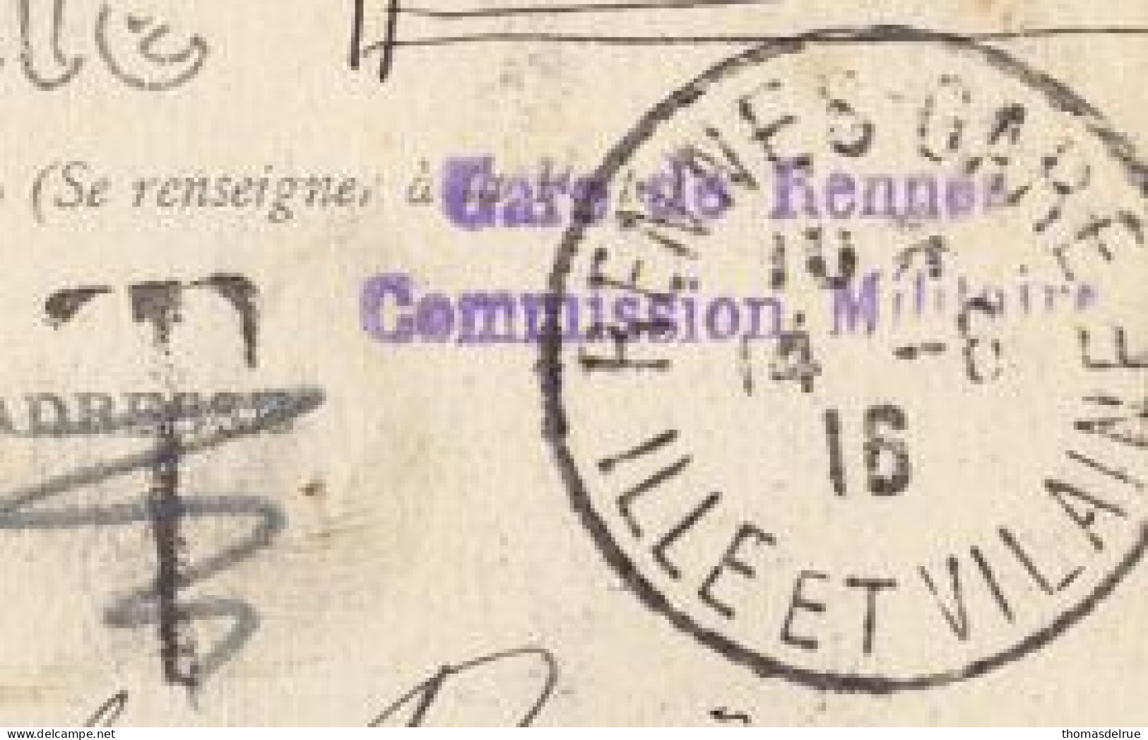 Ab14:S.M.18.06.1916:RENNES GARE + GARE DE RENNES COMMISSION MILITAIRE >Belgique : T Annulé... - Zona No Ocupada