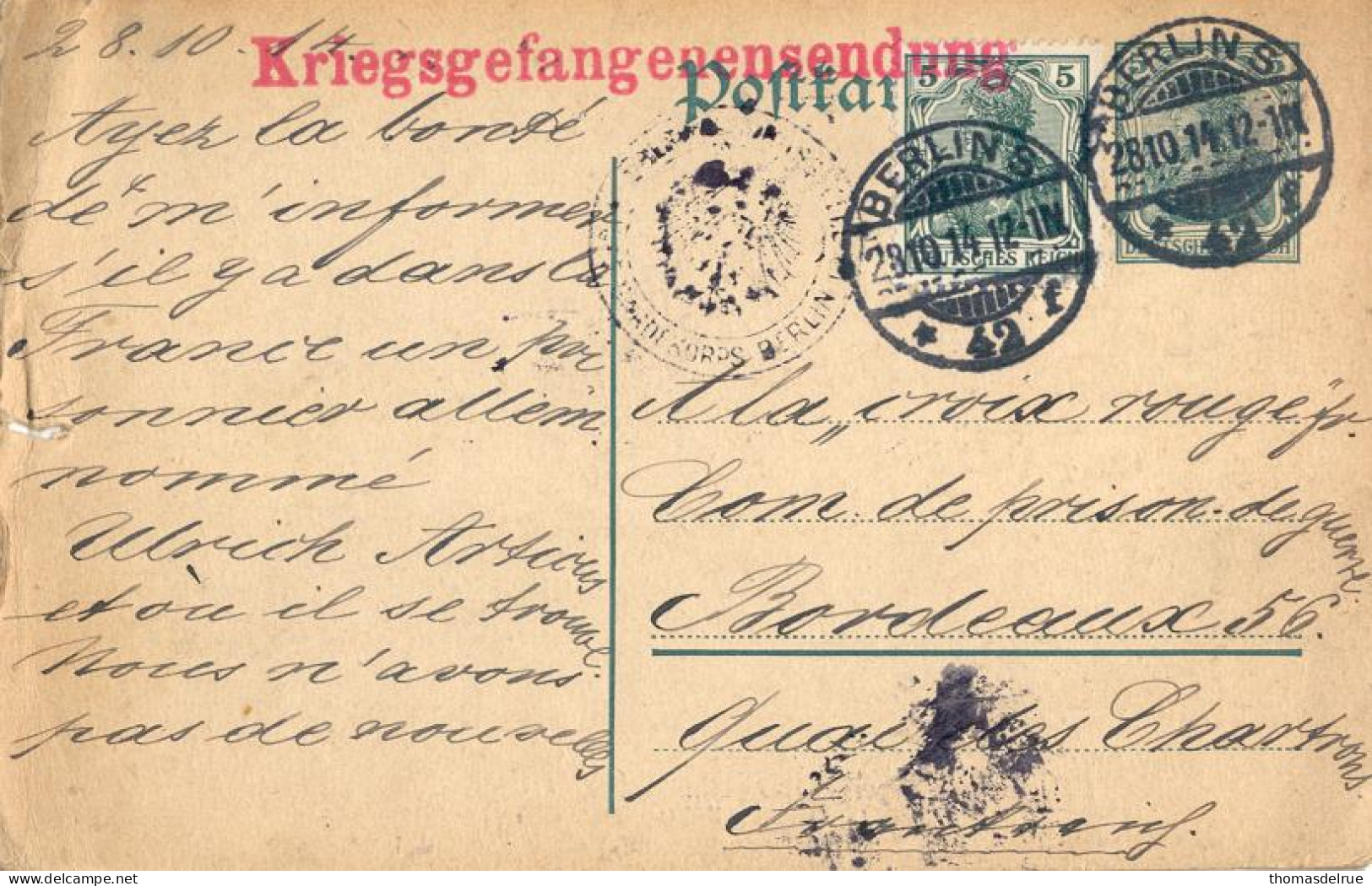 Fk52:Kriegegefangensendun G   / GERMANIA !BERLIN 28.10.14 : Bijgefrankeerde Postkaart Voor De Dienst Krijgsgevangene - Krijgsgevangenen