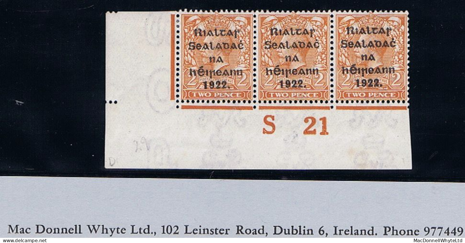 Ireland 1922 (Feb.) Thom Rialtas 5-line Overprint In Black On 2d Orange Die 1, Control S21 Imperf Corner Strip Of 3 Mint - Ungebraucht