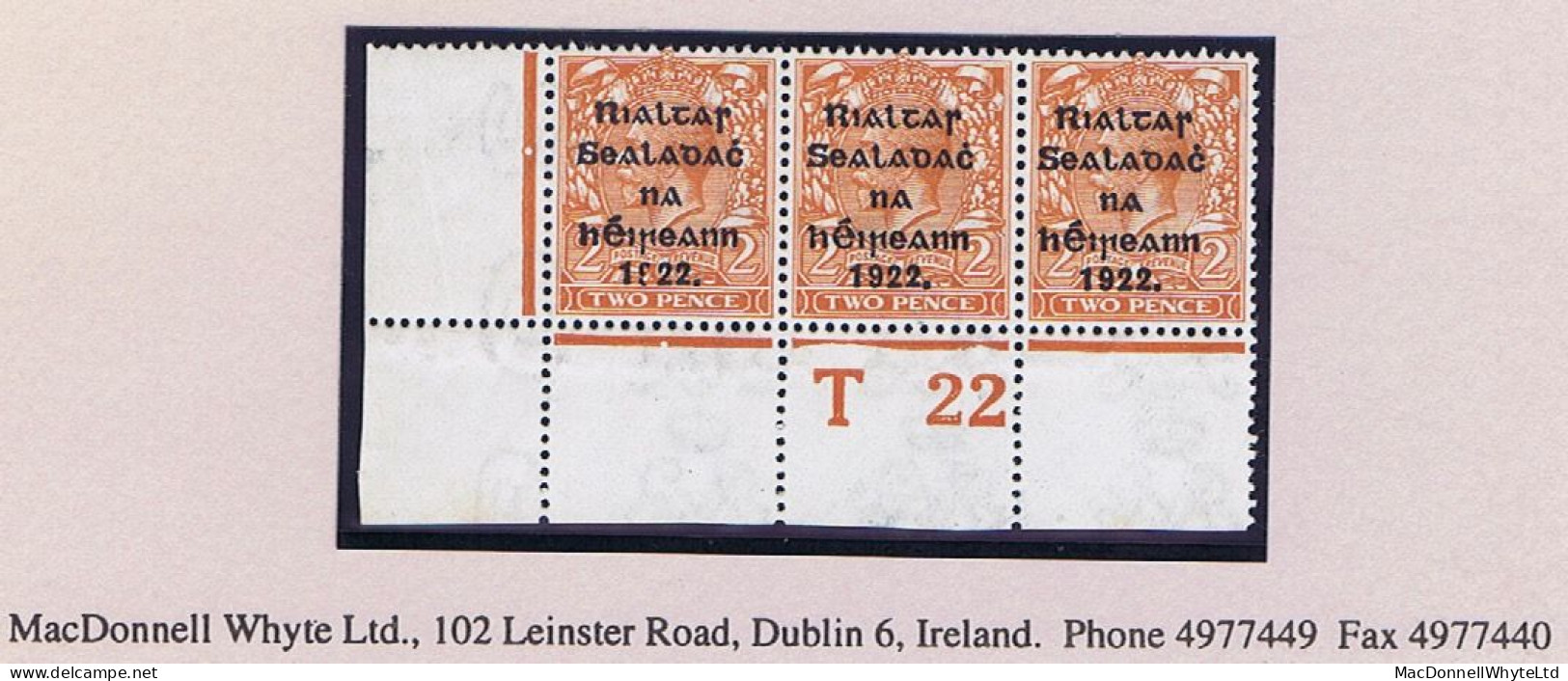 Ireland 1922 (July) Thom Rialtas 5-line Overprint In Blue-black On 2d Orange Die 2, Control T22 Perf Corner Strip Of 3 M - Ongebruikt
