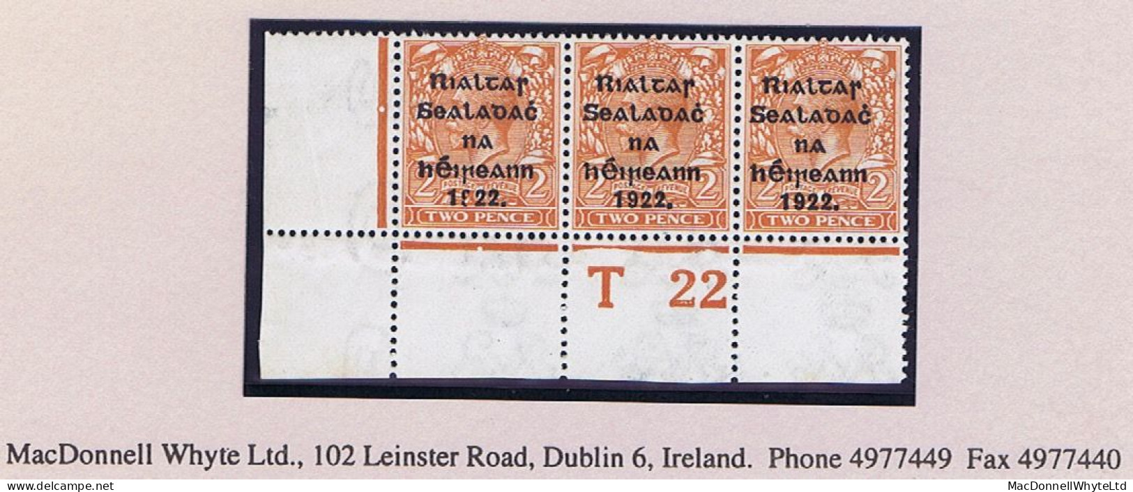 Ireland 1922 (July) Thom Rialtas 5-line Overprint In Blue-black On 2d Orange Die 2, Control T22 Perf Corner Strip Of 3 M - Unused Stamps