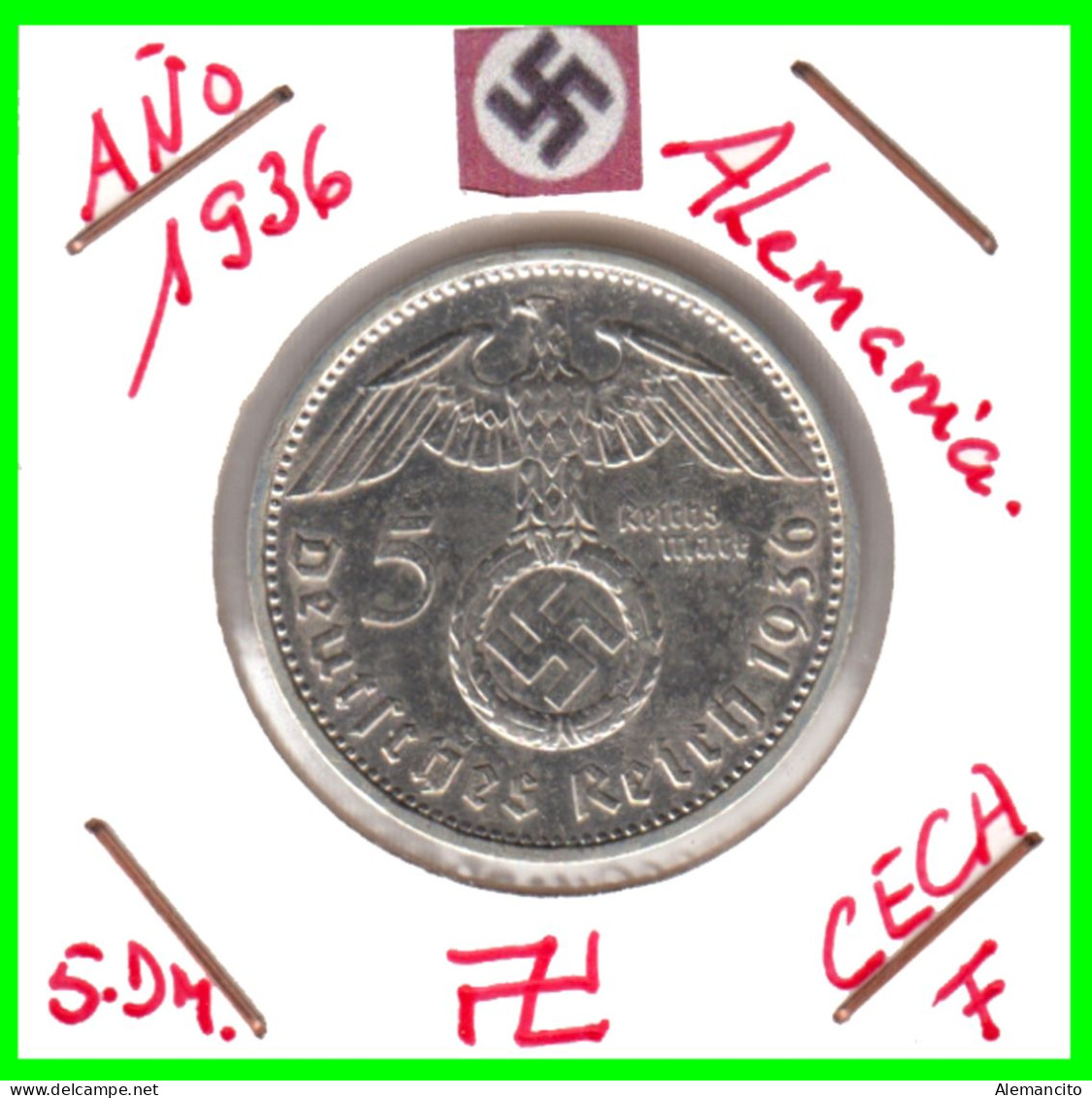 GERMANY ALEMANIA DEUTFCHES REICH  MONEDA DE 5.00 REICHSMARK AÑO 1936-CECA-F  PLATA - 29 MM.HINDENBURG AGUILA Y ESBALTICA - 5 Reichsmark