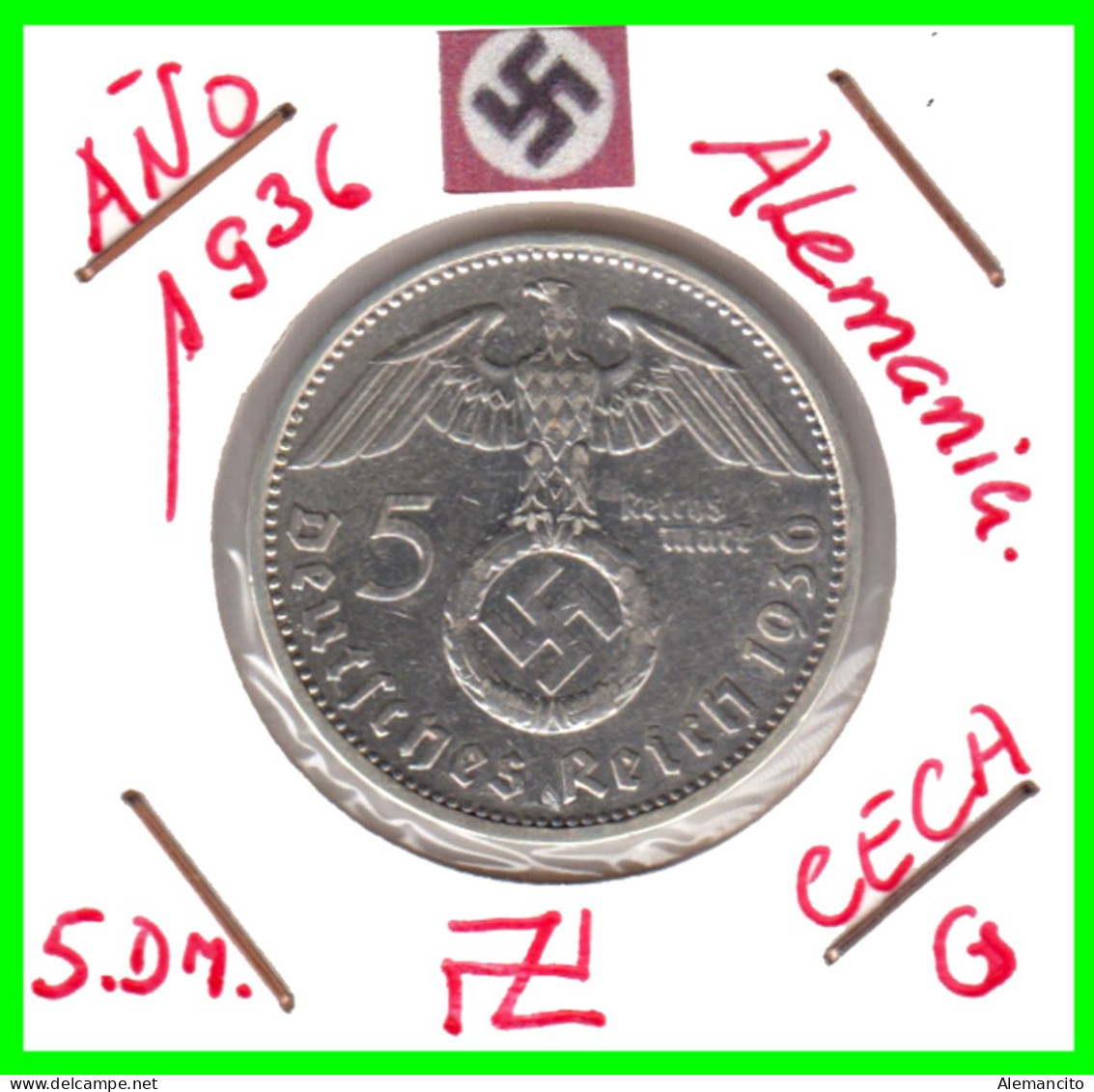 GERMANY ALEMANIA DEUTFCHES REICH  MONEDA DE 5.00 REICHSMARK AÑO 1936-CECA-G  PLATA - 29 MM.HINDENBURG AGUILA Y ESBALTICA - 5 Reichsmark