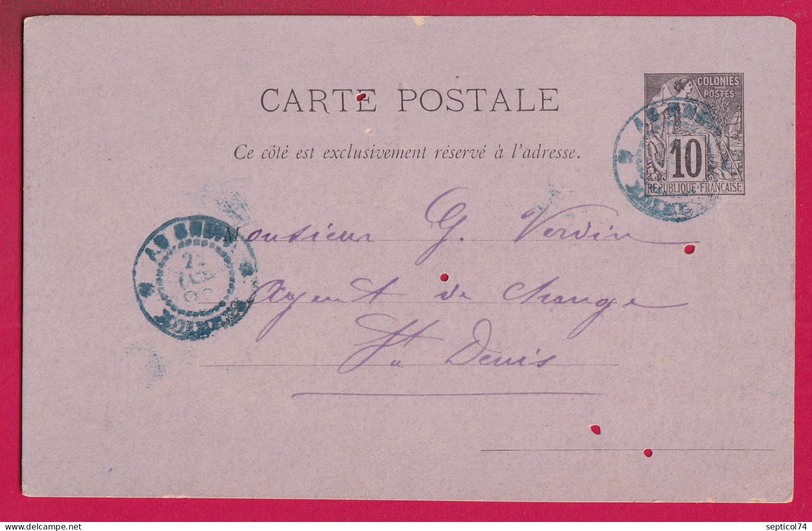 ENTIER ALPHEE DUBOIS CAD BLEU LA REUNION ?? POUR ST DENIS 1892 LETTRE - Brieven En Documenten