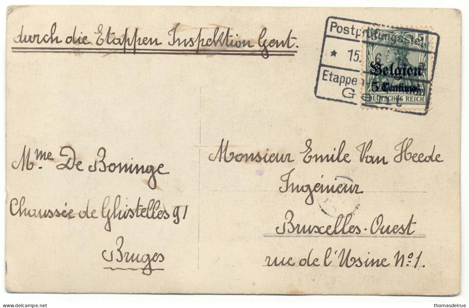 Ab22:15.06.1916: PK Gefrank:zegel Generaal Gouverm.verstuurd > BRUGGE >BRUXELLES Via Etappe Gebiet GENT - OC26/37 Territoire Des Etapes