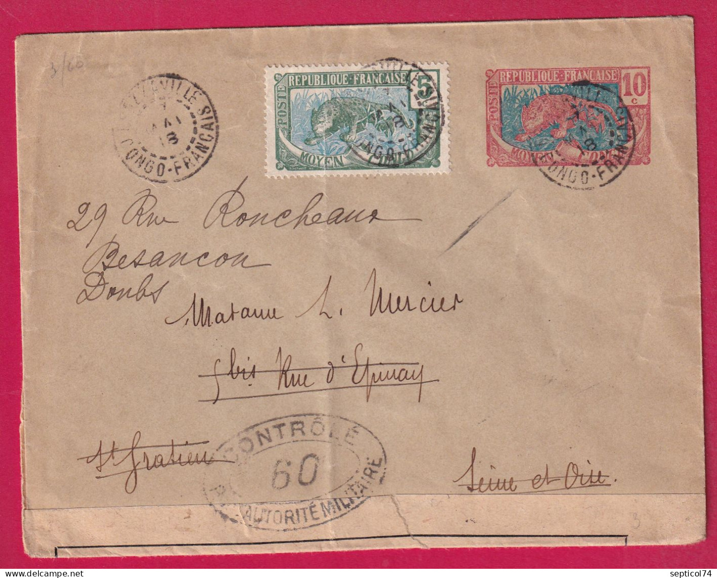 ENTIER PANTHERE + TB BRAZAVILLE CONGO FRANCAIS POUR ST GATHIEN REEXP BESANCON DOUBS CENSURE 60 1918 LETTRE - Cartas & Documentos