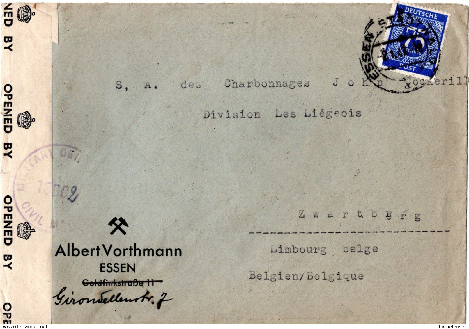 71760 - Alliierte Besetzung - 1947 - 75Pfg Ziffer EF A Bf ESSEN -> Belgien, M Brit Zensur - Covers & Documents