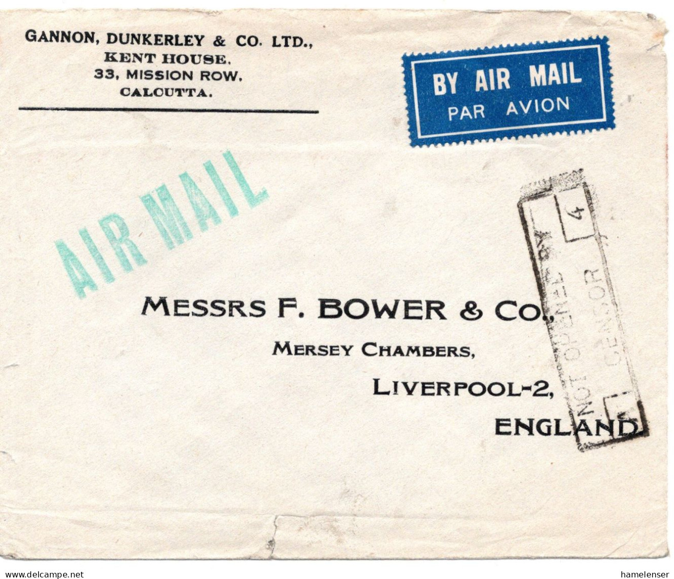 71761 - Indien - 1941 - 14As KGVI Luftpost EF A LpBf CALCUTTA -> Grossbritannien, M Brit Zensur - 1936-47 Koning George VI