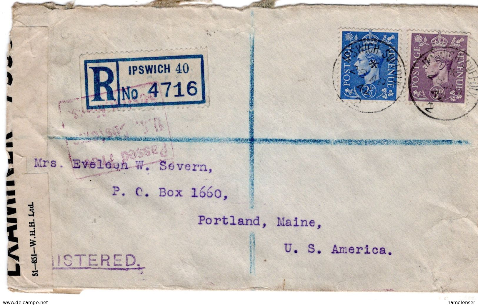 71762 - Grossbritannien - 1942 - 3d KGVI MiF A R-Bf IPSWICH -> PORTLAND MAINE (USA), M Brit Zensur - Cartas & Documentos