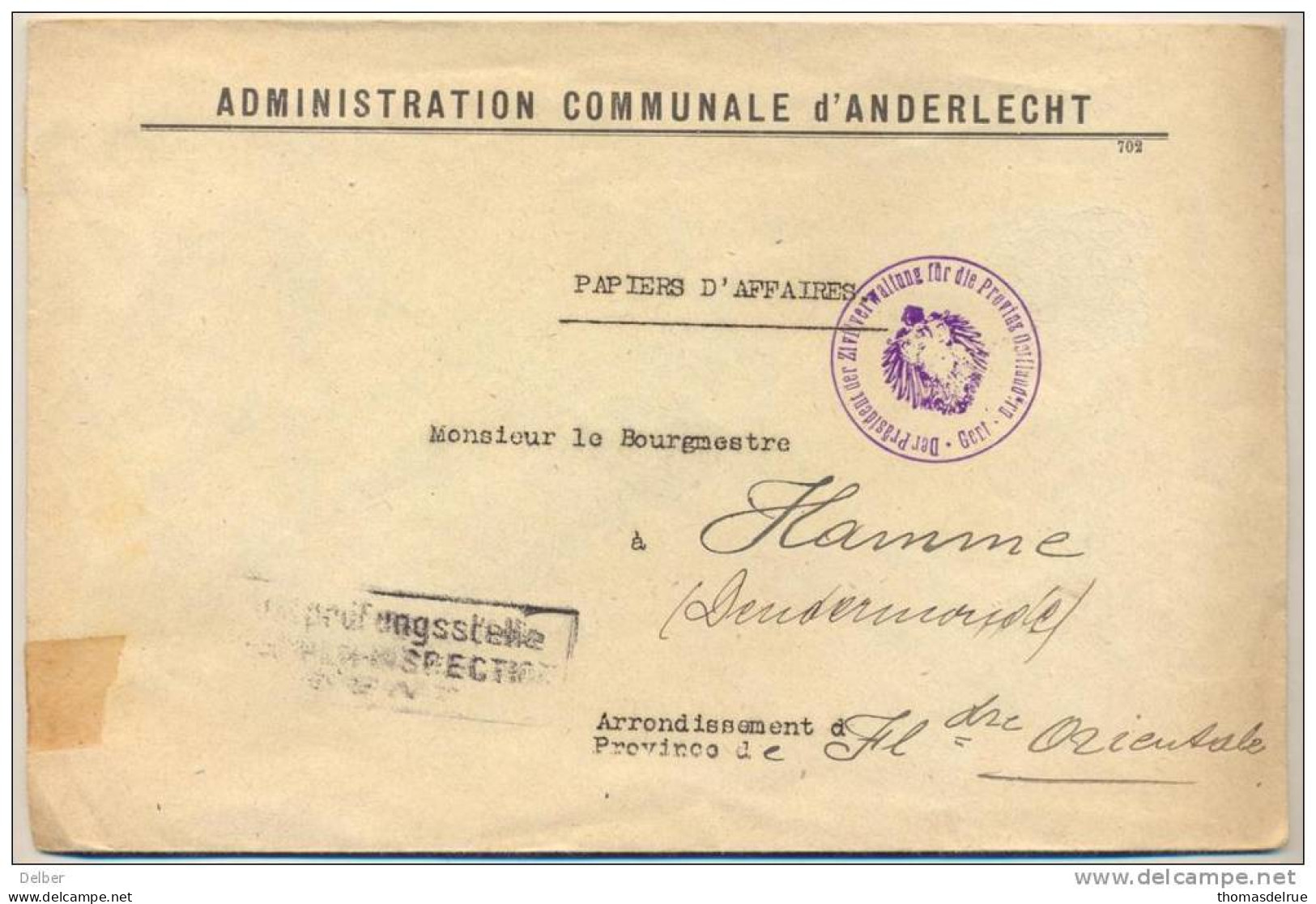 _KV899: ADMINISTRATION COMMUNALE D'ANDERLECHT.   > HAMME Via ETAPPEN...210x135mm : Postüberwachungstelle ... - OC26/37 Territori Tappe