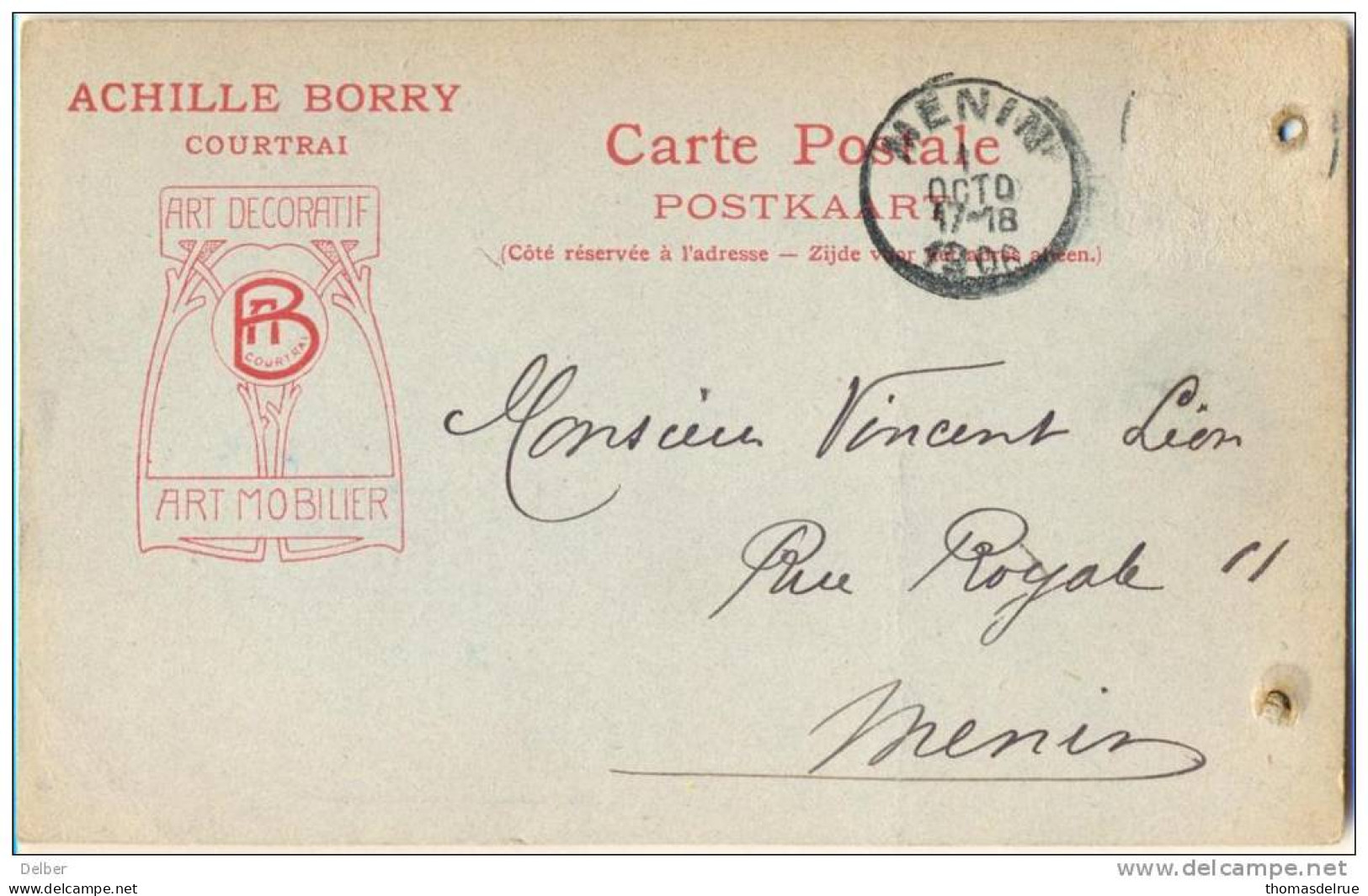 _Kv884: CARTE POSTALE POSTKAART: ACHILLE BORRY COURTRAI ART DECORATIEF .postzegel Is Weggenomenen ...> Menin 1908 - Menen