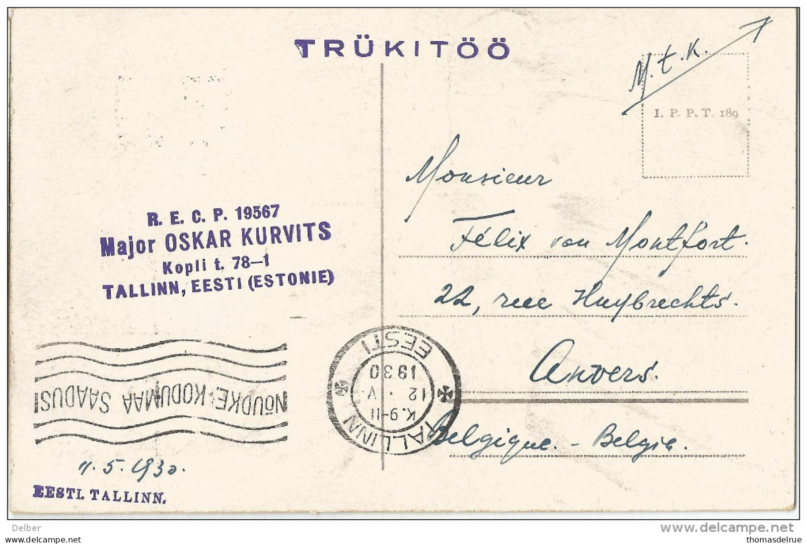 5pk685: TALLINN. Vaade Merelt + 2x N° 98 : TALLIN 12 -V.30 D EESTI > Anvers Belgique 1930 - Estonie