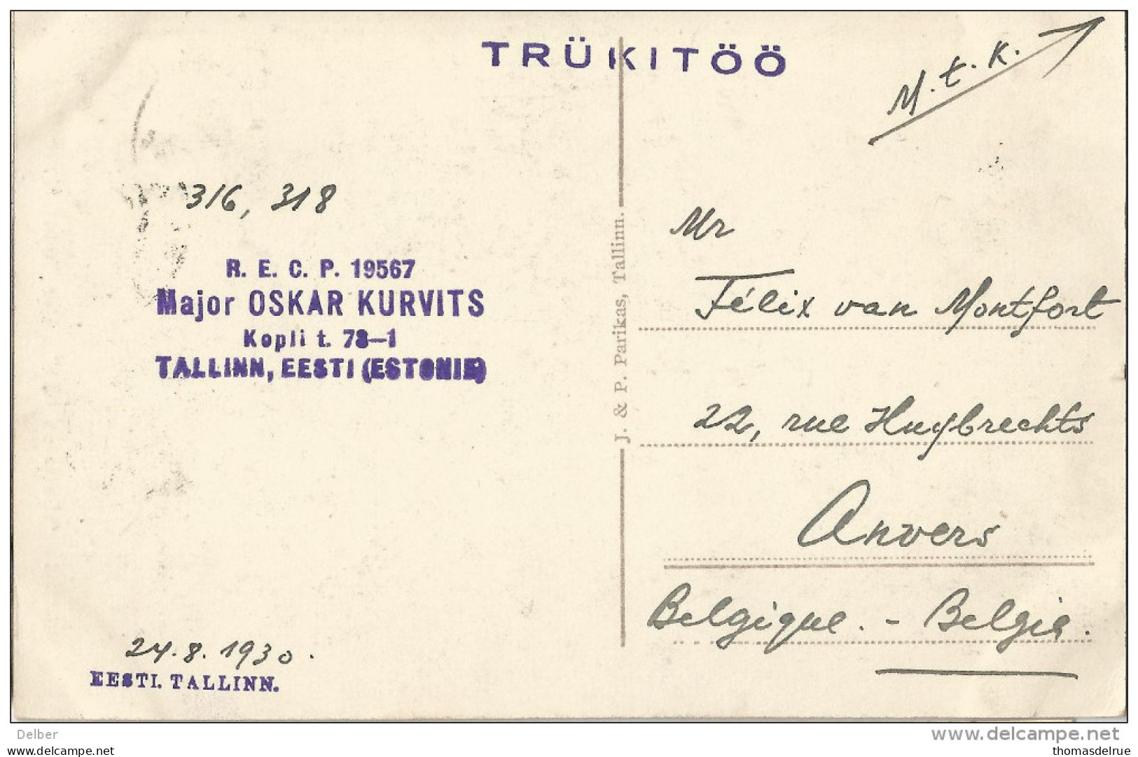 5pk627:  TALLINN  " Kik In De Kök" Der Turm "+ N° 100 : TALLINN  * EESTI * 24 VIII  30 > Anvers Belgique 1930 - Estonie