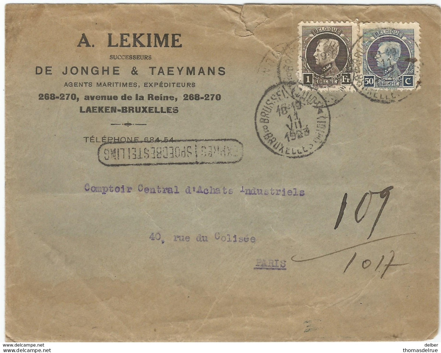6Rm970: EXPRES / SPOEDBESTELLING 11 VII 1923 > Paris...omslag Iets Beschadigd.. - 1921-1925 Small Montenez