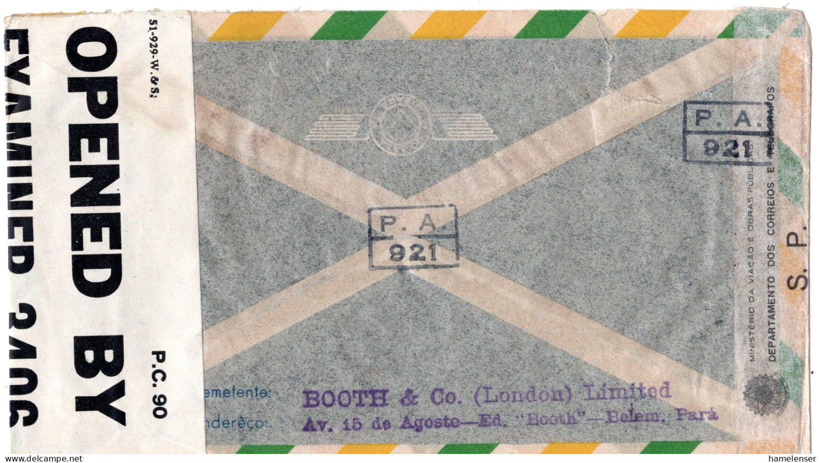 71764 - Brasilien - 1944 - 5.000Reis MiF A LpBf BELEM -> Grossbritannien, M Brasil & Brit Zensuren - Cartas & Documentos