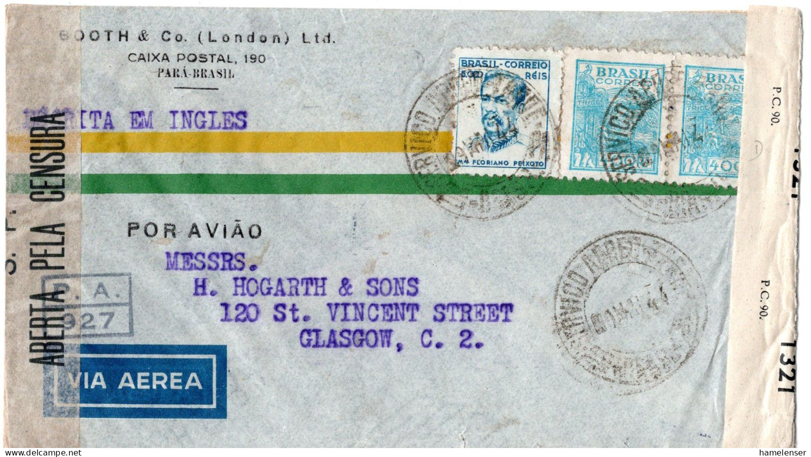 71766 - Brasilien - 1944 - 5.000Reis MiF A LpBf ... -> Grossbritannien, M Brasil & Brit Zensuren - Briefe U. Dokumente