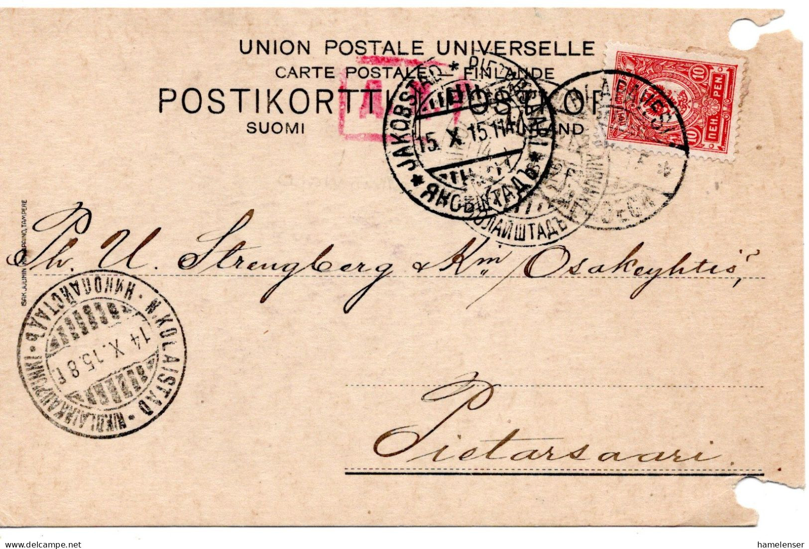 71768 - Finnland - 1915 - 10P Wappen EF A Kte (re Gelocht) HAAPAVESI -> NIKOLAISTAD -> JAKOBSTAD, M Russ Zensur - Storia Postale