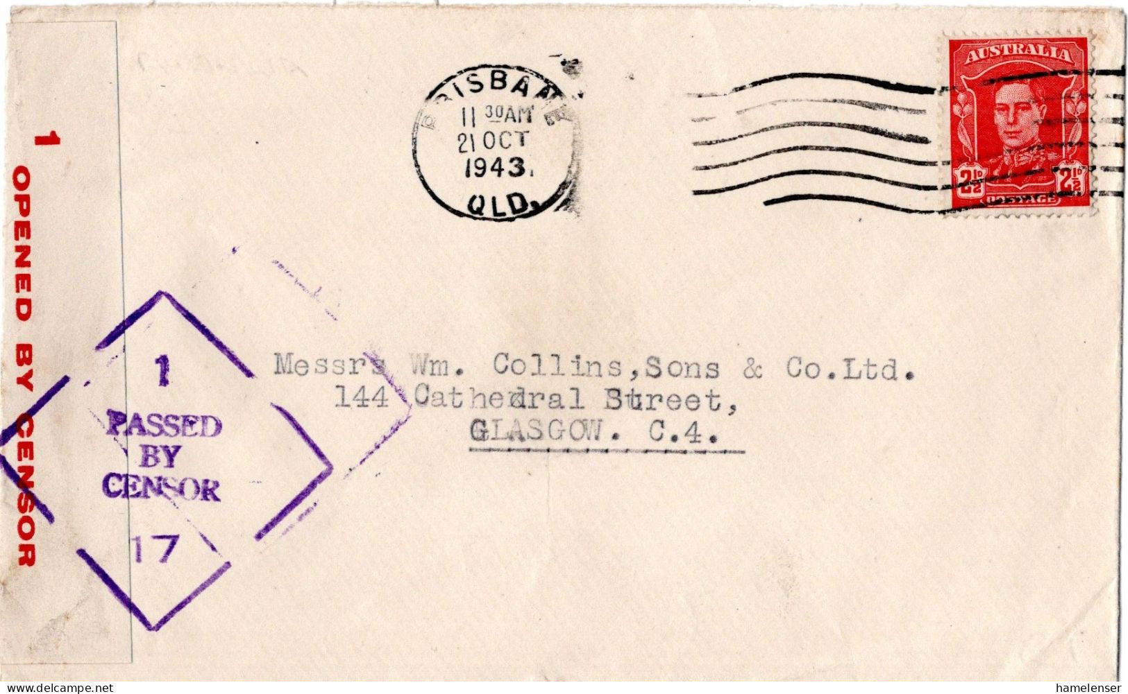 71769 - Australien - 1943 - 2,5d KGVI EF A Bf BRISBANE -> Grossbritannien, M Austral Zensur - Covers & Documents