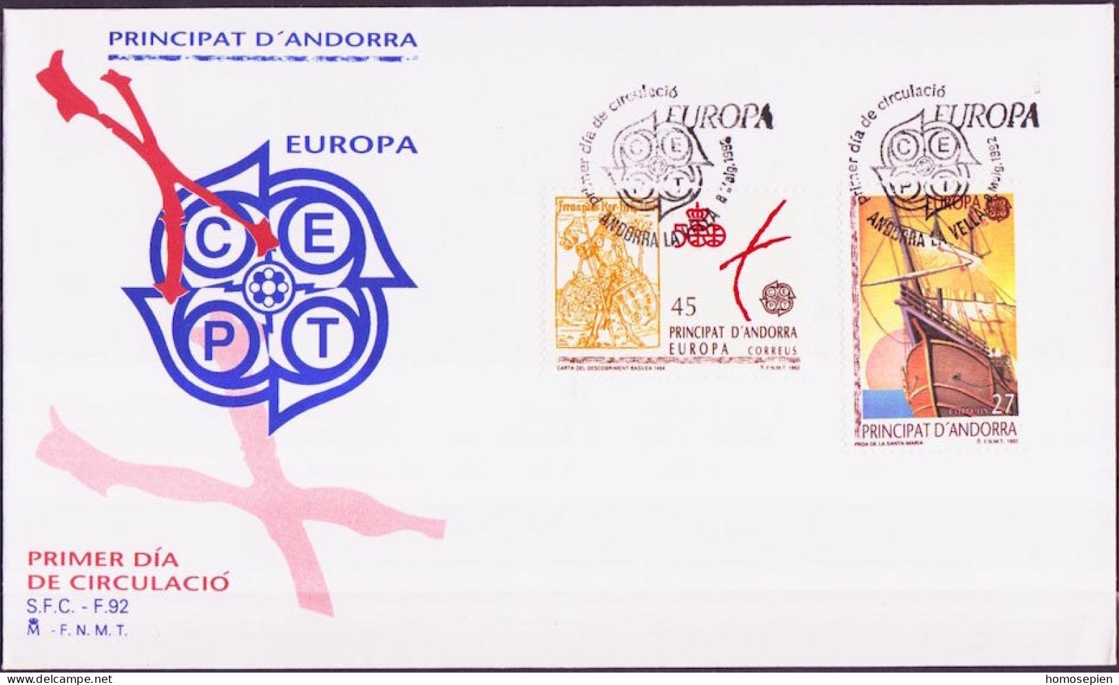 Andorre Espagnol - Andorra FDC 1992 Y&T N°216 à 217 - Michel N°226 à 227 - EUROPA - Lettres & Documents