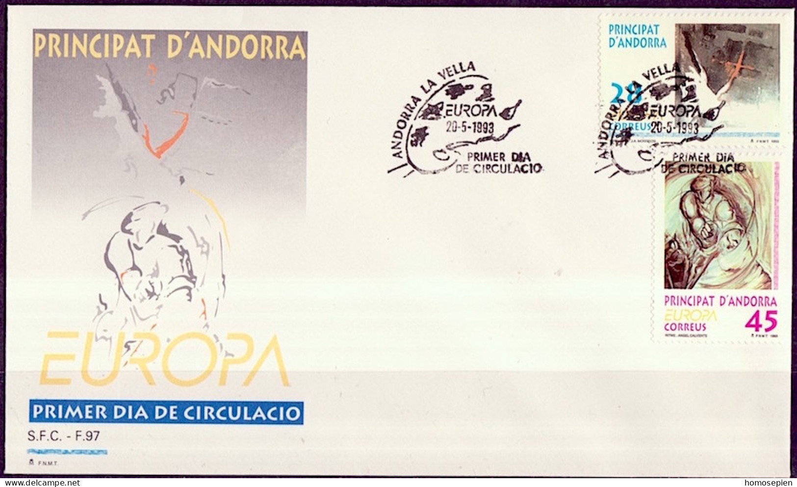 Andorre Espagnol - Andorra FDC1 1993 Y&T N°222 à 223 - Michel N°232 à 233 - EUROPA - Storia Postale