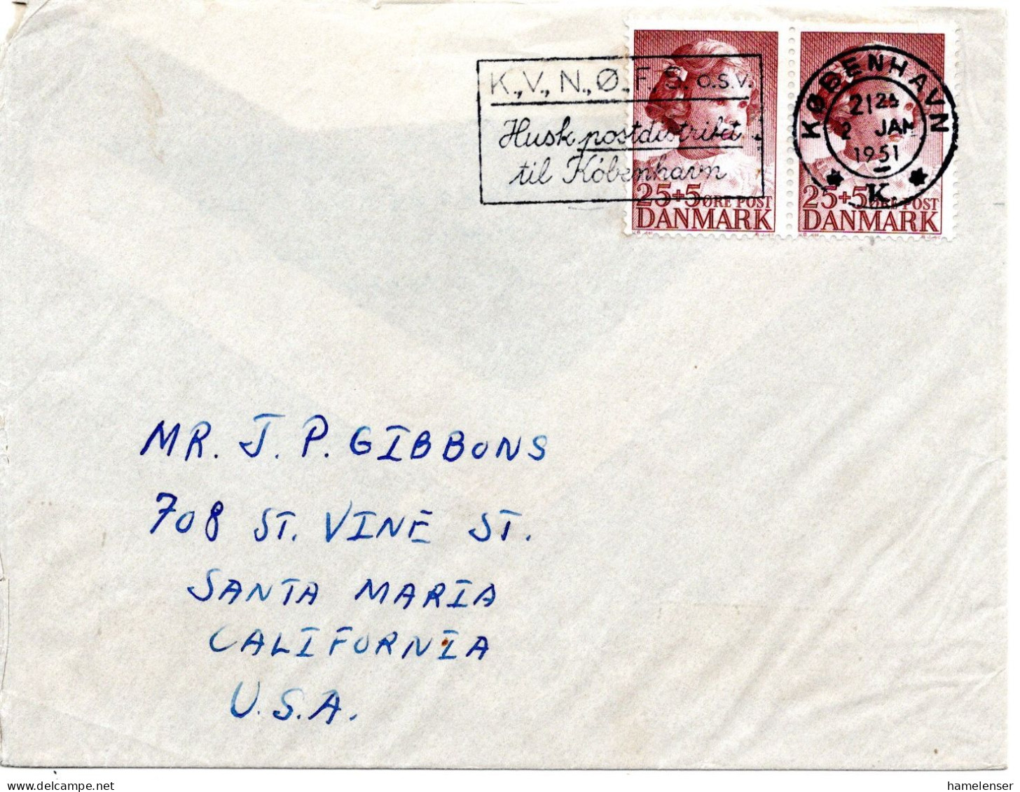 71778 - Dänemark - 1951 - 2@25o WoFa A Bf KOBENHAVN - ... -> Santa Maria, CA (USA) - Storia Postale