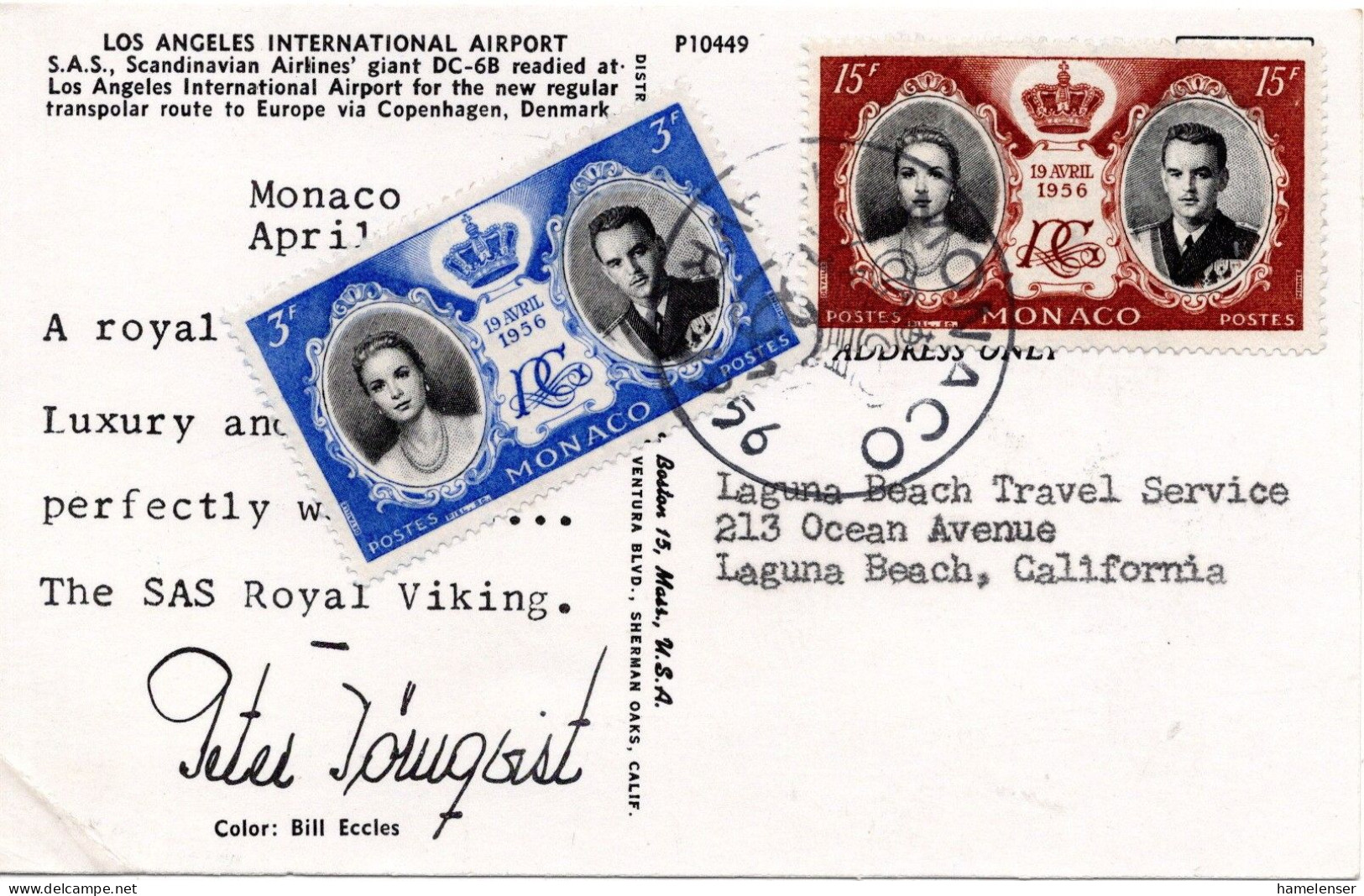 71779 - Monaco - 1956 - 15F Hochzeit MiF A AnsKte MONACO -> Laguna Beach, CA (USA) - Storia Postale