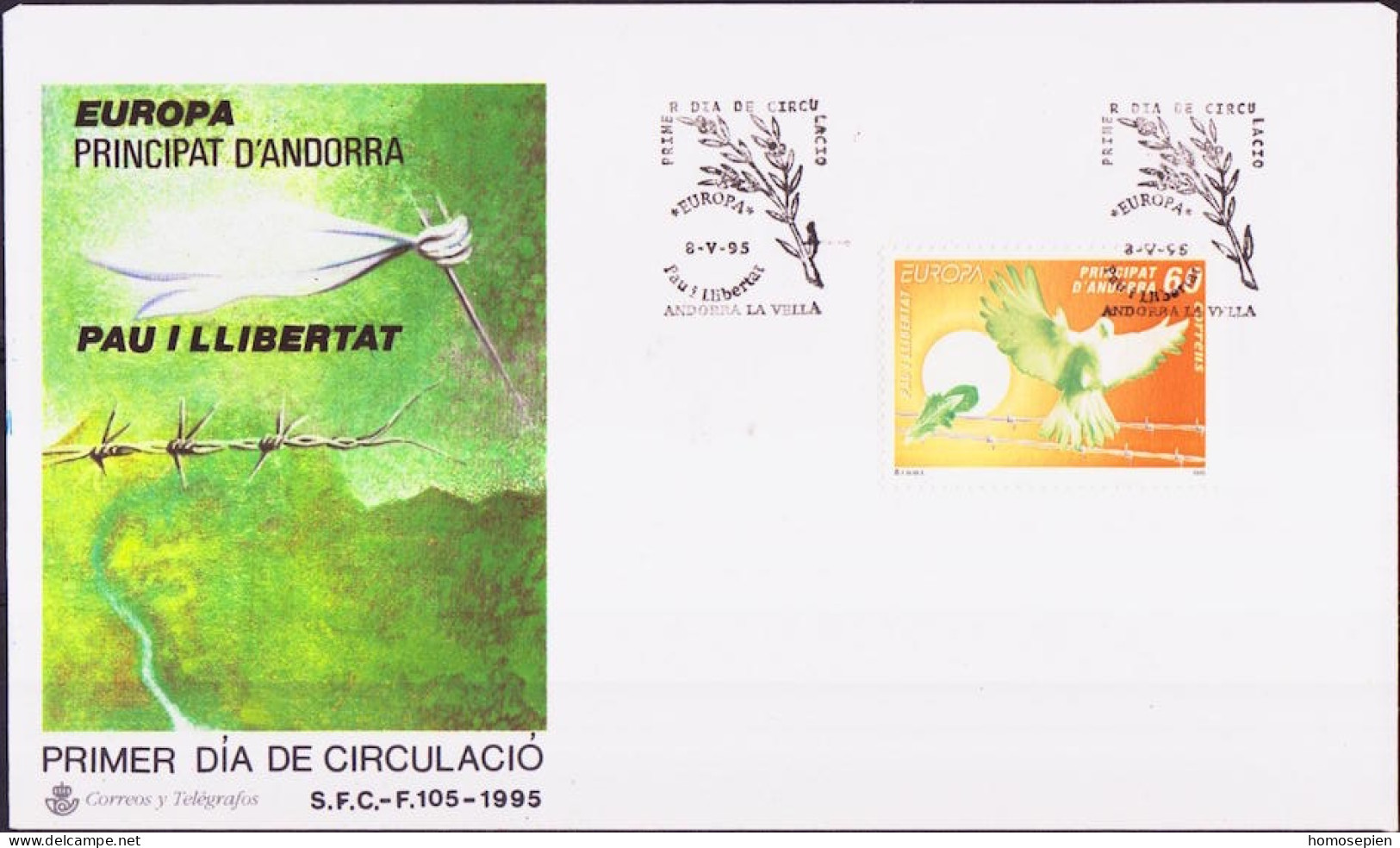 Andorre Espagnol - Andorra FDC 1995 Y&T N°233 - Michel N°243 - 60p EUROPA - Storia Postale