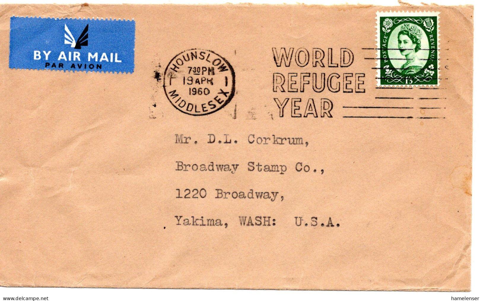 71781 - Grossbritannien - 1960 - 1'3 Wilding EF A LpBf HOUNSLOW - WORLD REFUGEE YEAR -> Yakima, WA (USA) - Vluchtelingen
