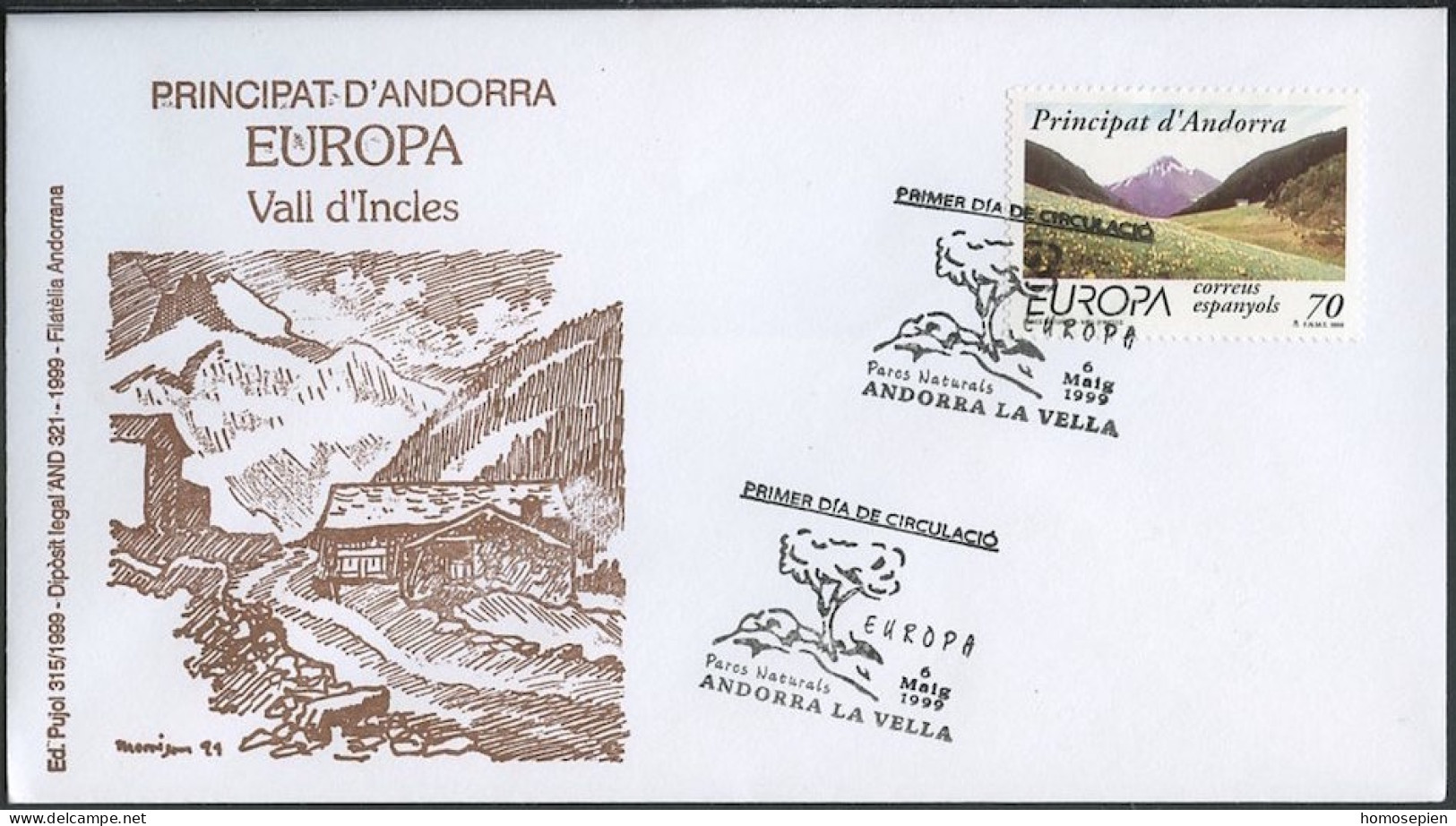 Andorre Espagnol - Andorra FDC2 1999 Y&T N°257 - Michel N°267 - 70p EUROPA - Lettres & Documents