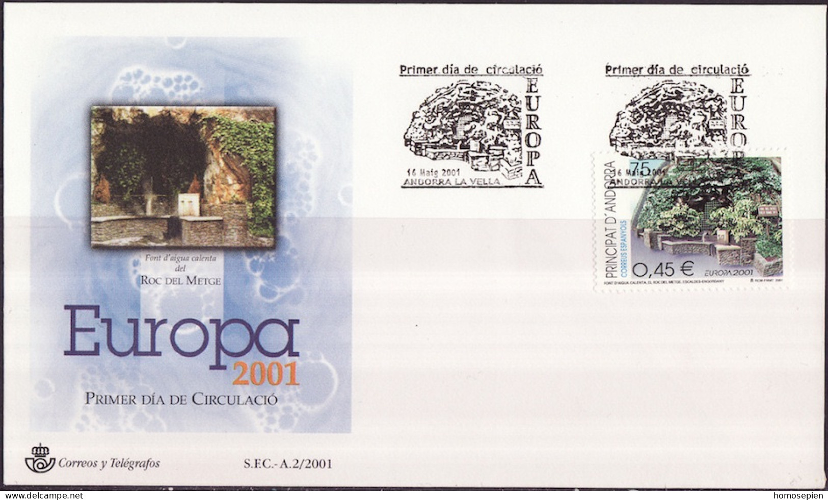 Andorre Espagnol - Andorra FDC1 2001 Y&T N°269 - Michel N°280 - 0,45€ EUROPA - Storia Postale