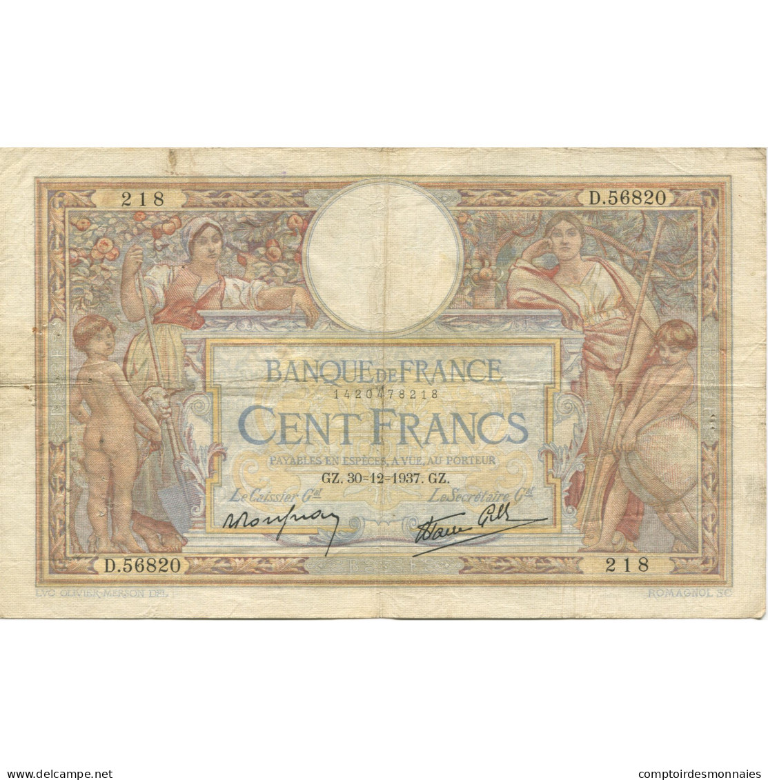 France, 100 Francs, Luc Olivier Merson, 1937, 1937-12-30, TB, Fayette:25.6 - 100 F 1908-1939 ''Luc Olivier Merson''