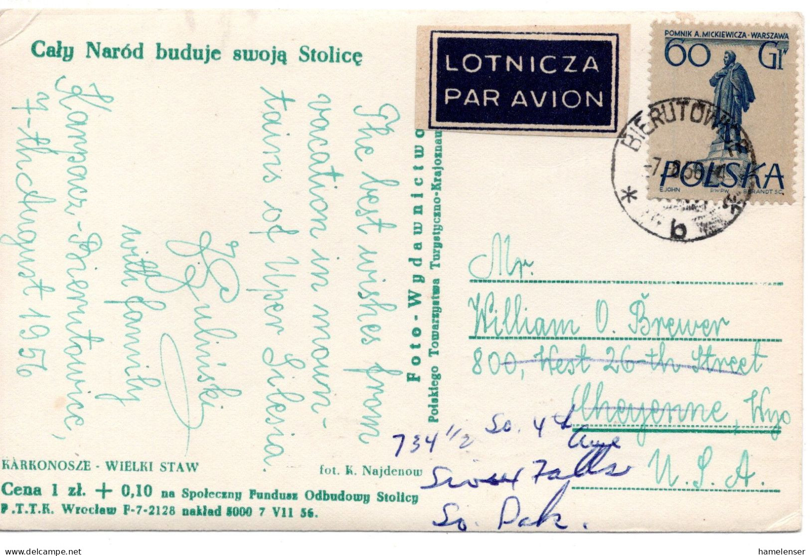 71786 - Polen - 1956 - 60gr Denkmal EF A LpAnsKte BIERUTOWICE -> Cheyenne, WY (USA), Nachgesandt - Lettres & Documents
