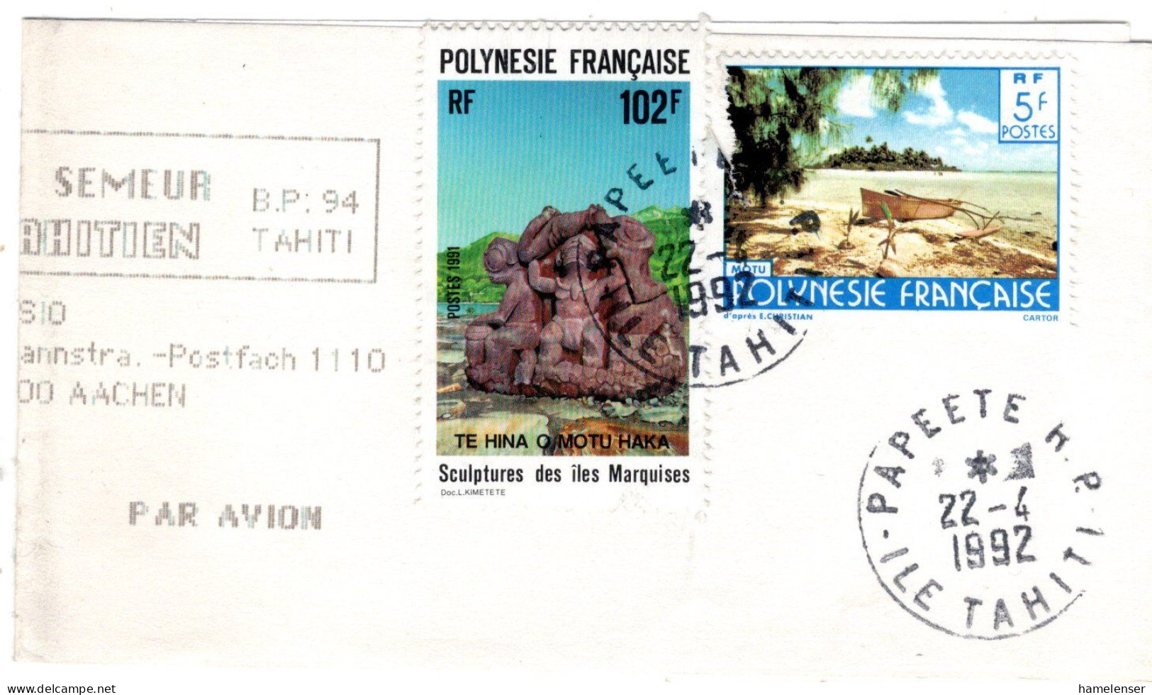 71804 - Frz.Polynesien - 1992 - 102F Skulptur MiF A LpStreifband PAPEETE -> Deutschland - Cartas & Documentos