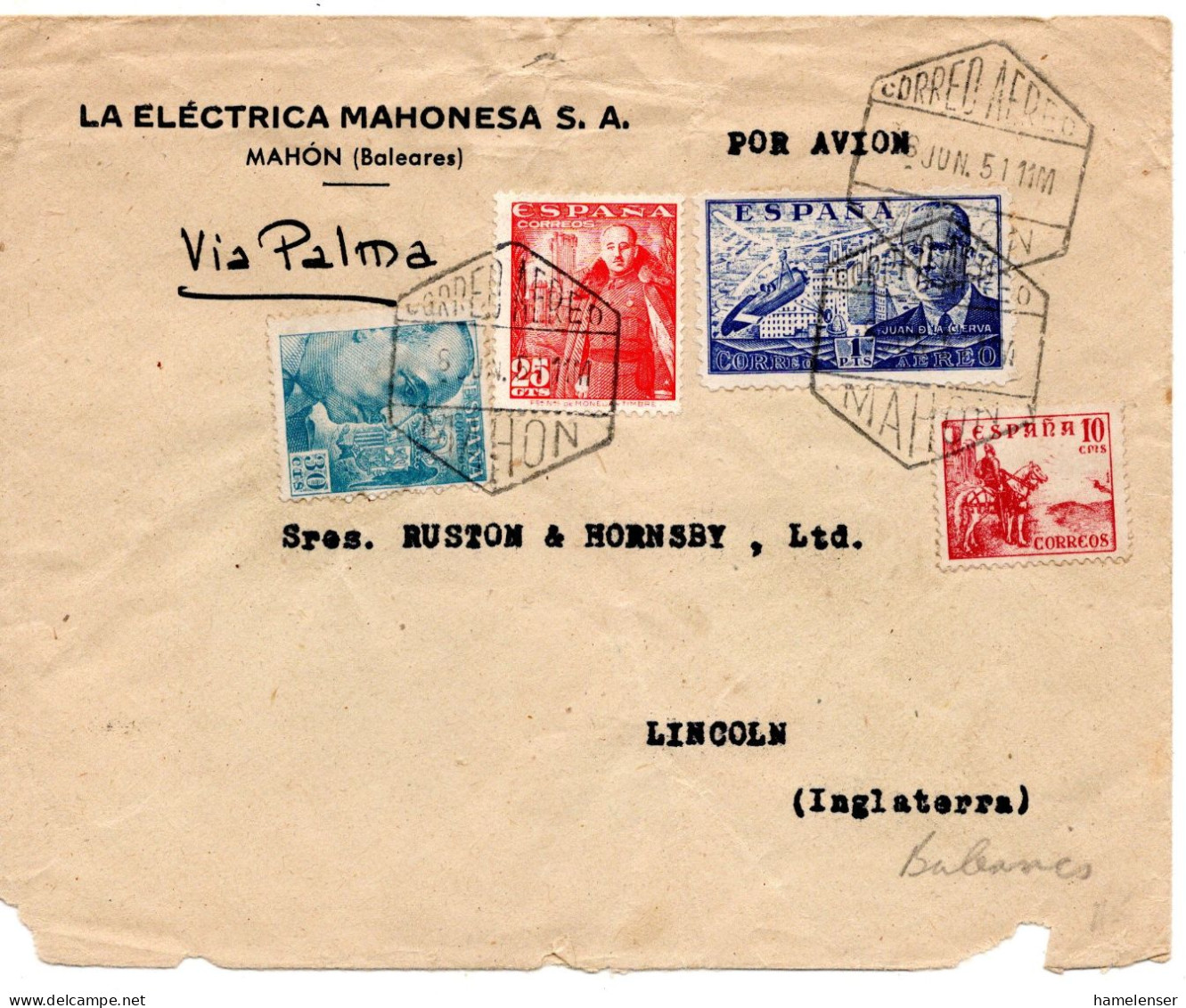 71807 - Spanien - 1951 - 1Pta Luftpost MiF MAHON -> Grossbritannien - Briefe U. Dokumente