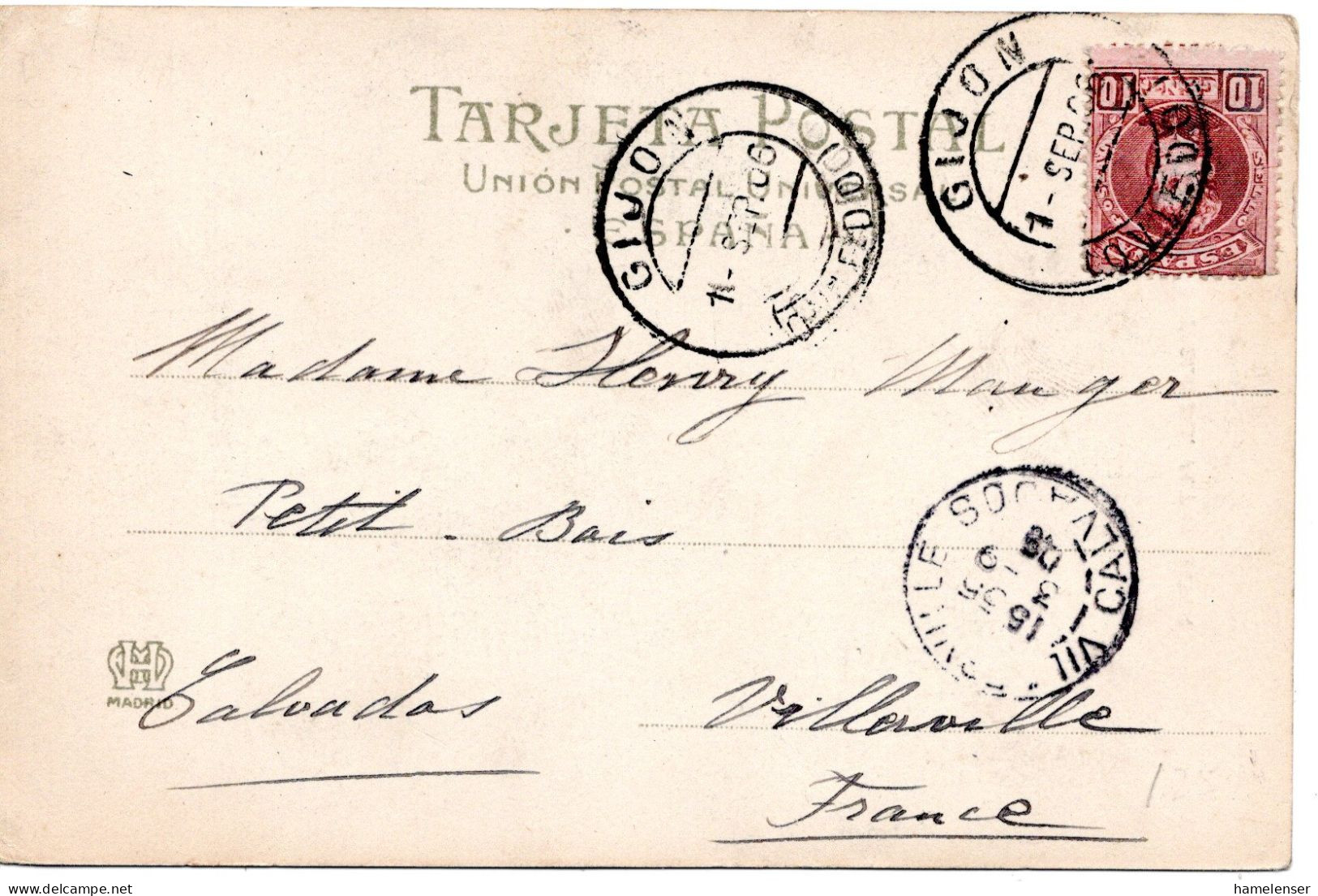 71810 - Spanien - 1906 - 10c Alfonso EF A AnsKte GIJON -> VILLERVILLE (Frankreich) - Lettres & Documents