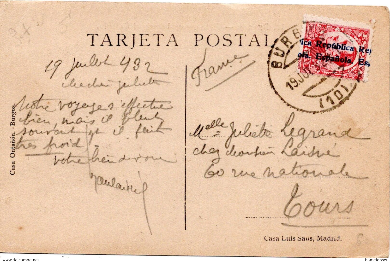 71815 - Spanien - 1932 - Republica/25c Alfonso EF A AnsKte BURGOS -> Frankreich - Covers & Documents