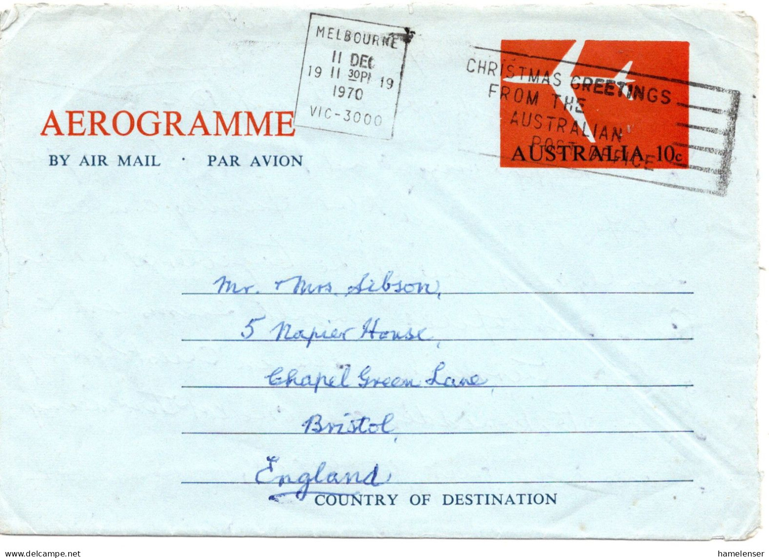 71820 - Australien - 1970 - 10c GAAerogramm MELBOURNE - CHRISTMAS GREETINGS ... -> Grossbritannien - Brieven En Documenten