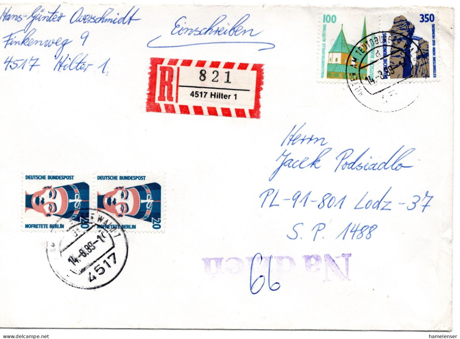71825 - Bund - 1989 - 350Pfg SWK MiF A R-Bf HILTER -> LODZ (Polen) - Briefe U. Dokumente