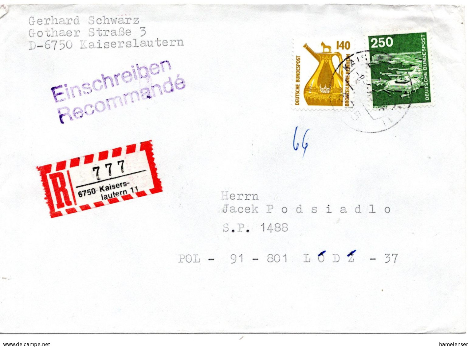 71826 - Bund - 1989 - 250Pfg I&T MiF A R-Bf KAISERSLAUTERN -> LODZ (Polen) - Cartas & Documentos