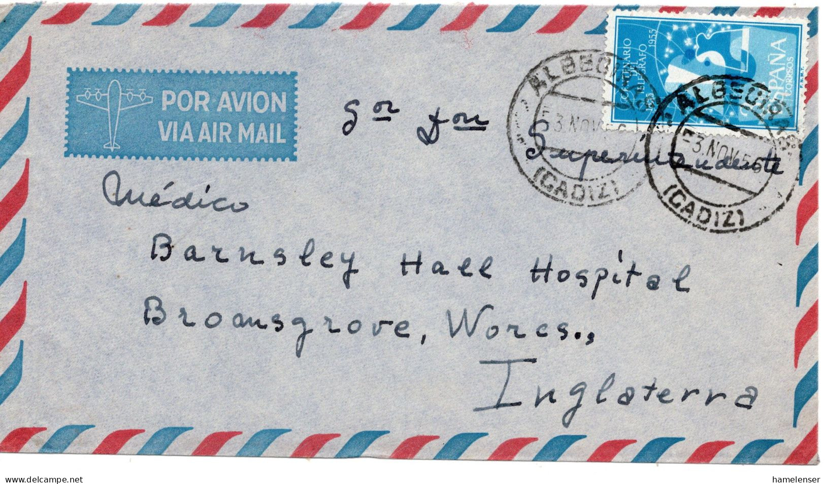 71833 - Spanien - 1956 - 3Ptas Telegrafie EF A LpBf ALGEUIRAS -> Grossbritannien - Lettres & Documents