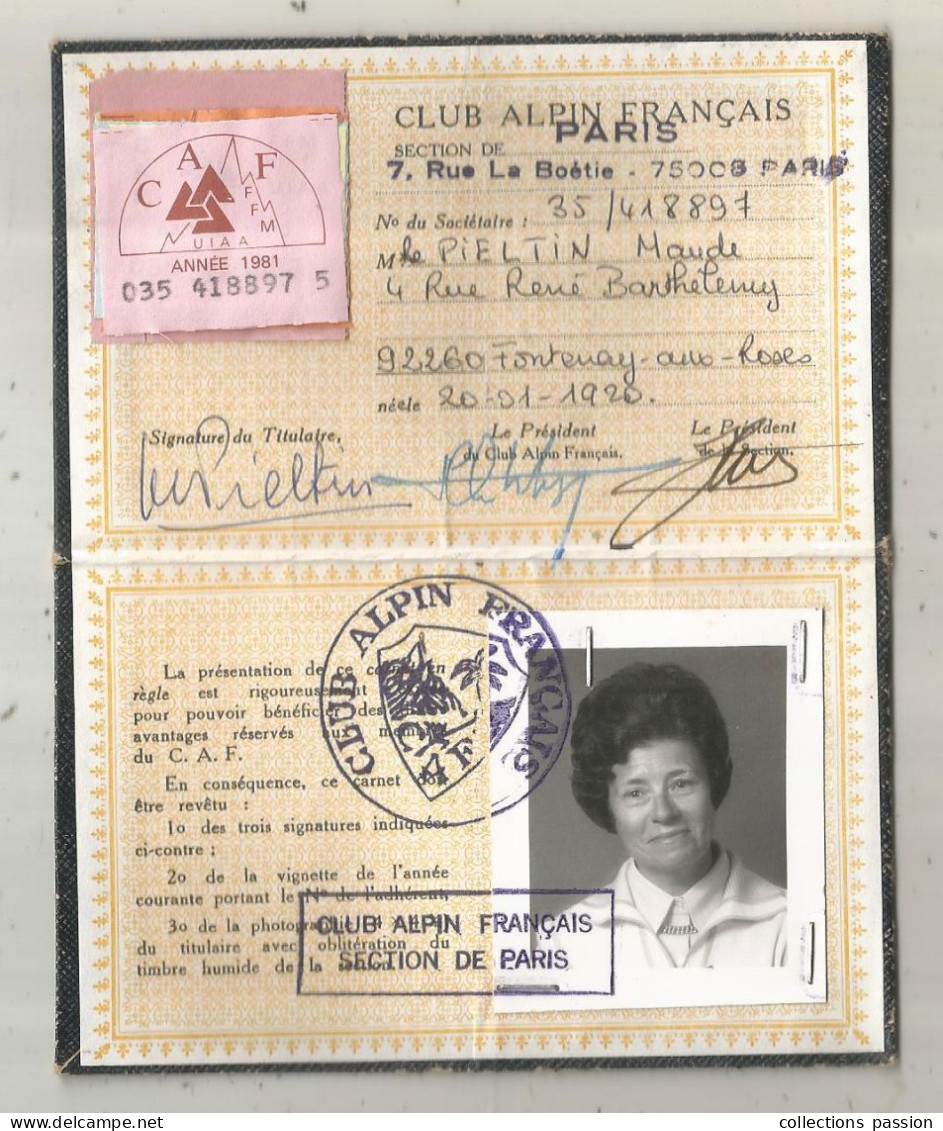 Carte De Membre, Club Alpin Français, Section De Paris, Vignette 1981 - Membership Cards