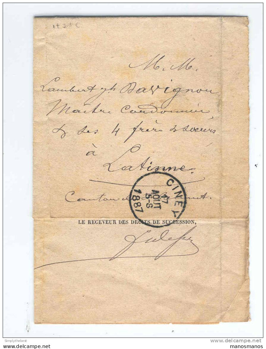 Lettre En Franchise CINEY 1887 Vers LATINNE - Ministère Des Finances Succession  --  GG387 - Zonder Portkosten