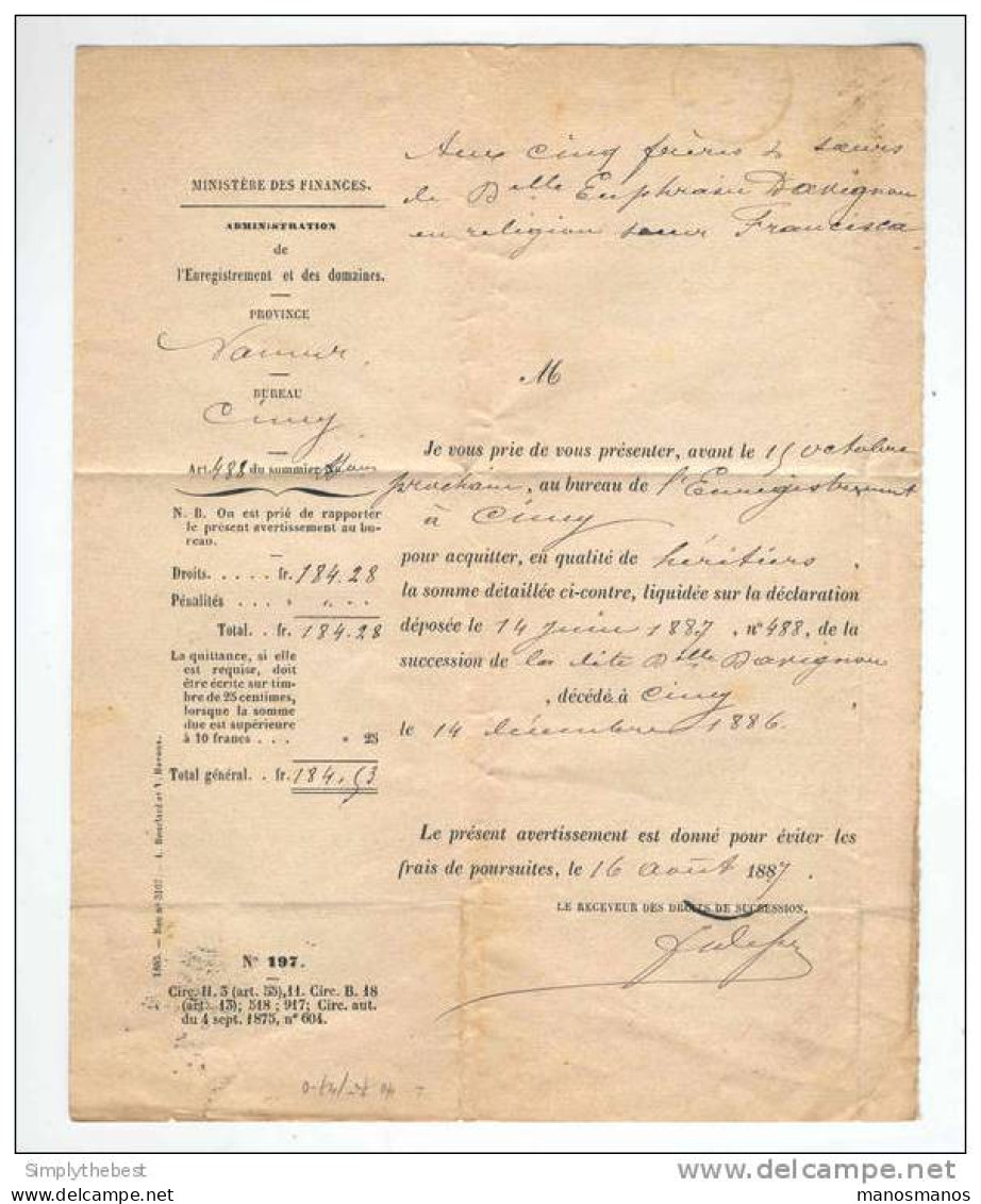 Lettre En Franchise CINEY 1887 Vers LATINNE - Ministère Des Finances Succession  --  GG387 - Franchise