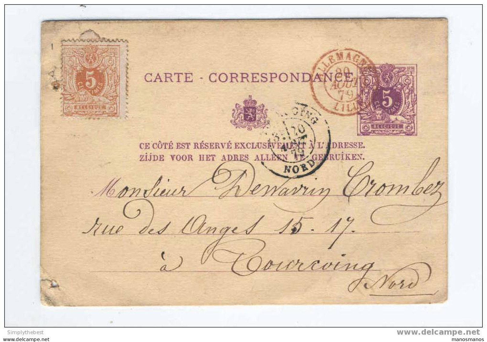 Entier Type No 28 + 28 BXL 1879 Vers La France - TRES RARE Vignette Annulée Par Cachet Entrée ALLEMAGNE LILLE  --  DT292 - Postkarten 1871-1909