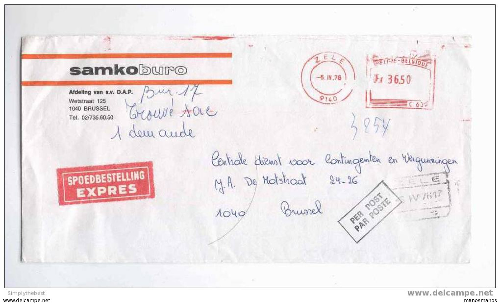 Lettre EXPRES Affranch. Mécanique Gare De ZELE 1976 Vers BXL - Non Distribué Par Télégraphes Cachet PAR POSTE  --  EE485 - Sonstige & Ohne Zuordnung