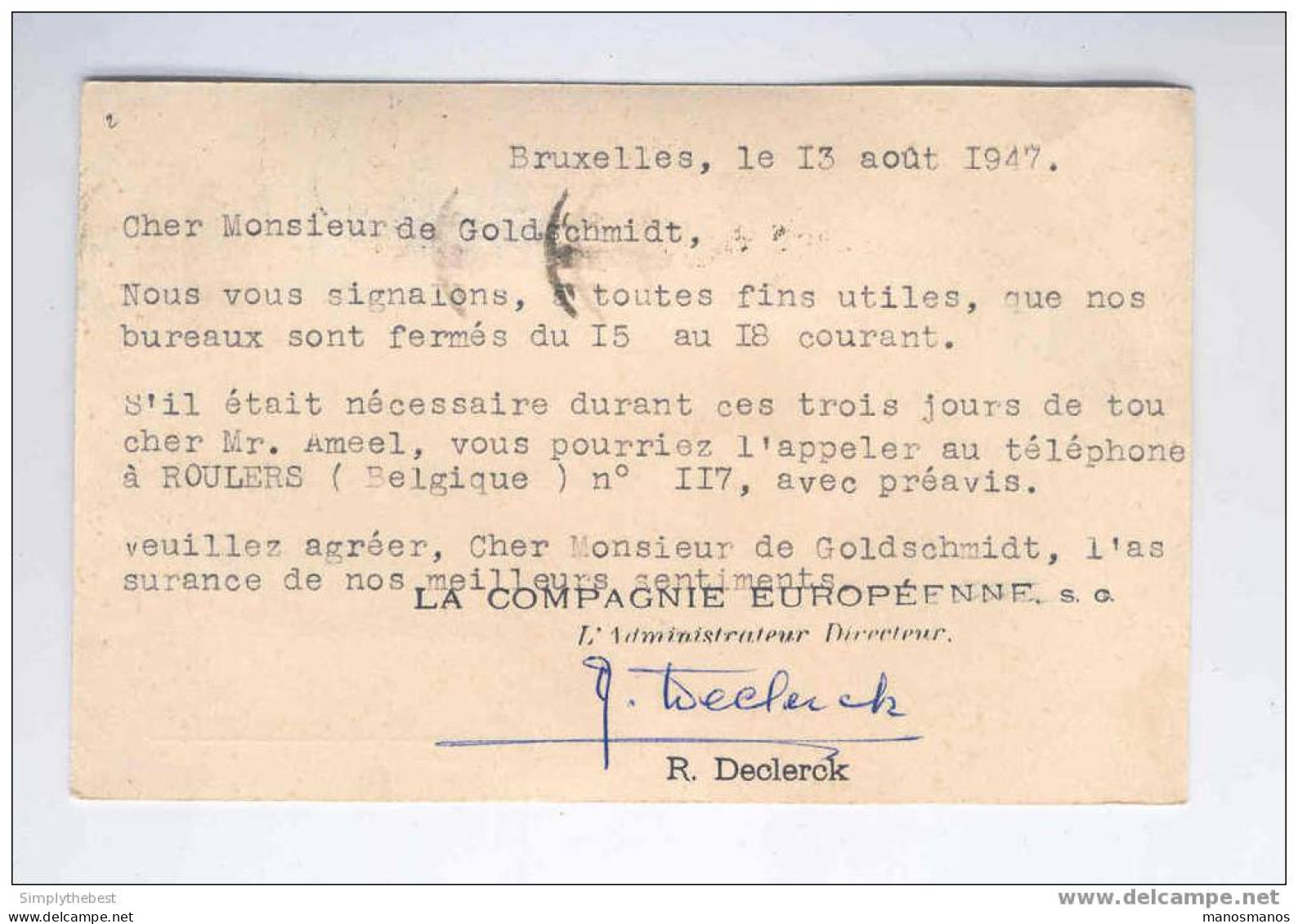 Entier BXL 1947 3 TP Compl. Vers BALE - Texte Sur Mr AMEEL , Tél. No 117 à ROULERS  --  EE483 - Cartes Postales 1934-1951