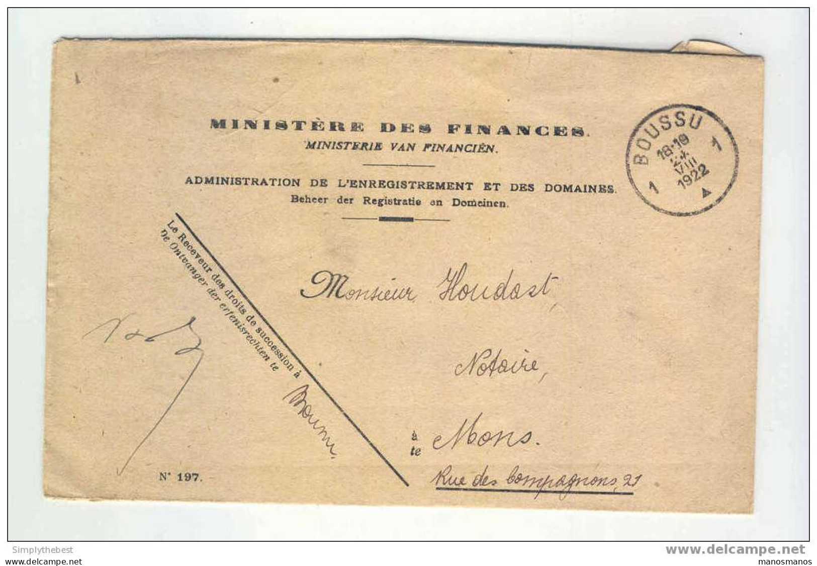 Lettre De Service En FRANCHISE BOUSSU 1922 Vers Le Notaire Houdart à MONS     --  EE415 - Franchise
