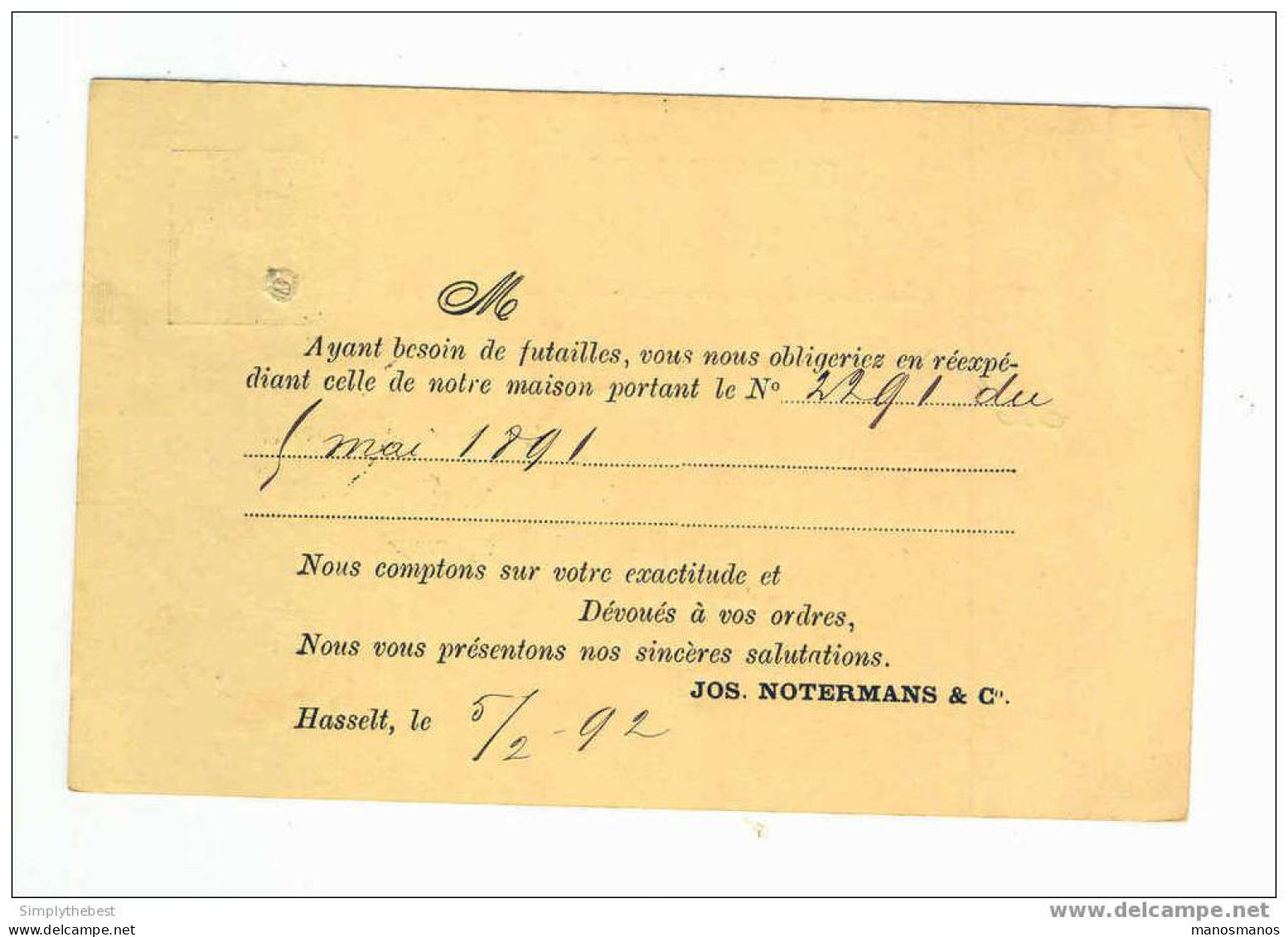 Entier 5 C HASSELT 1892 Vers TOURNAI - Repiquage Privé Au Verso Jos Notermans § Co --  EE421 - Cartes Postales 1871-1909