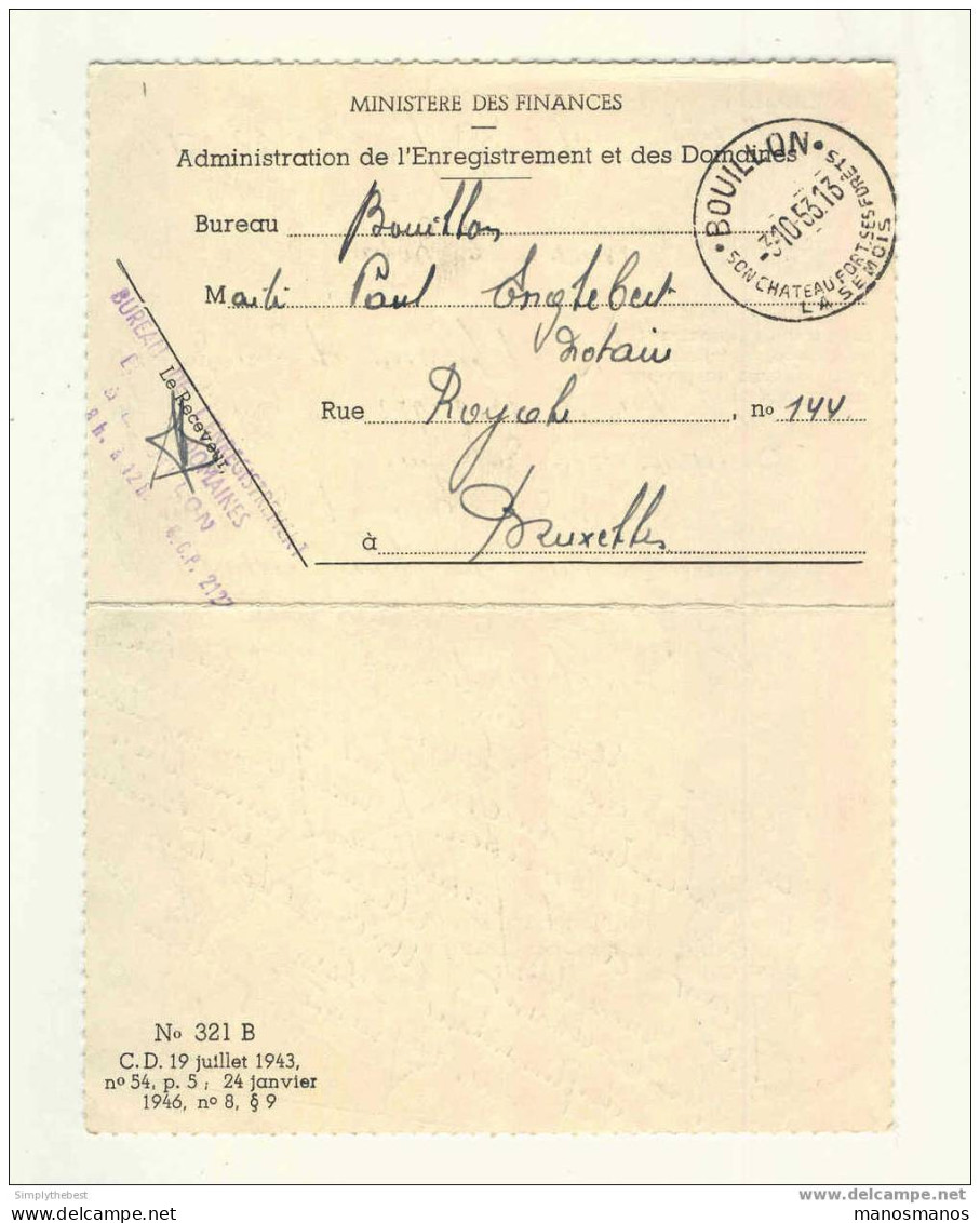 Lettre De Service En FRANCHISE BOUILLON 1953 Vers Le Notaire Englebert à BRUXELLES  --  EE412 - Zonder Portkosten