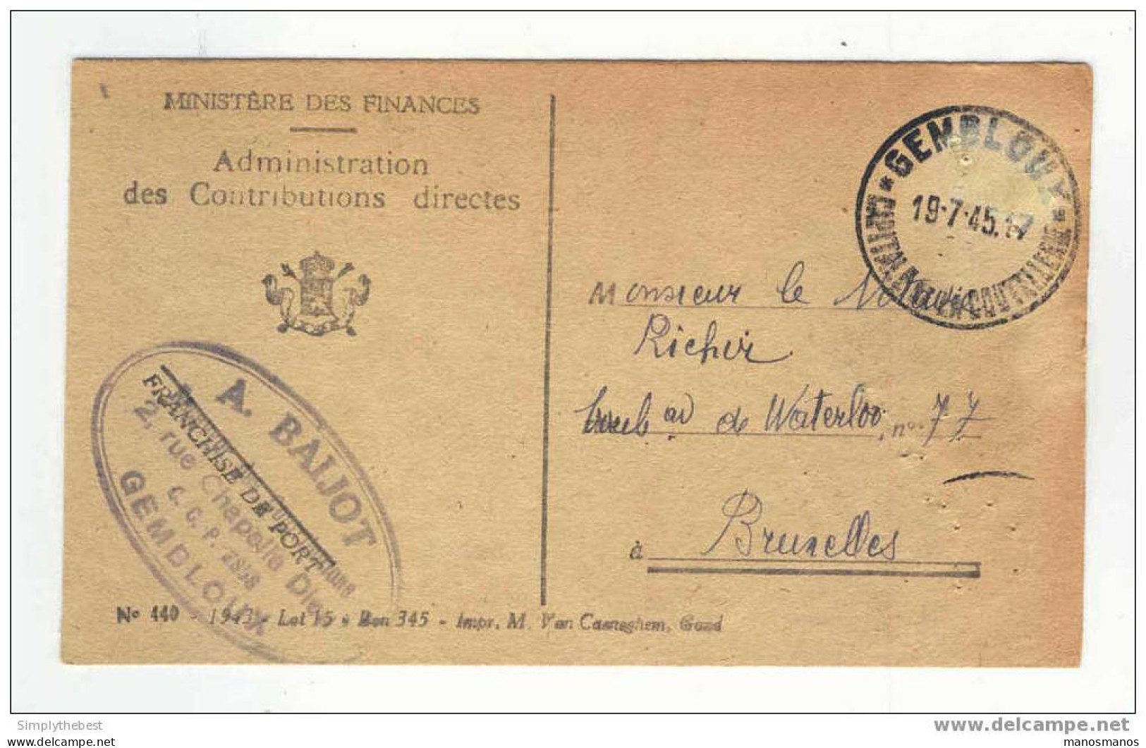 Carte De Service En FRANCHISE GEMBLOUX 1945 Vers Le Notaire Richir à BRUXELLES   --  EE405 - Franchise